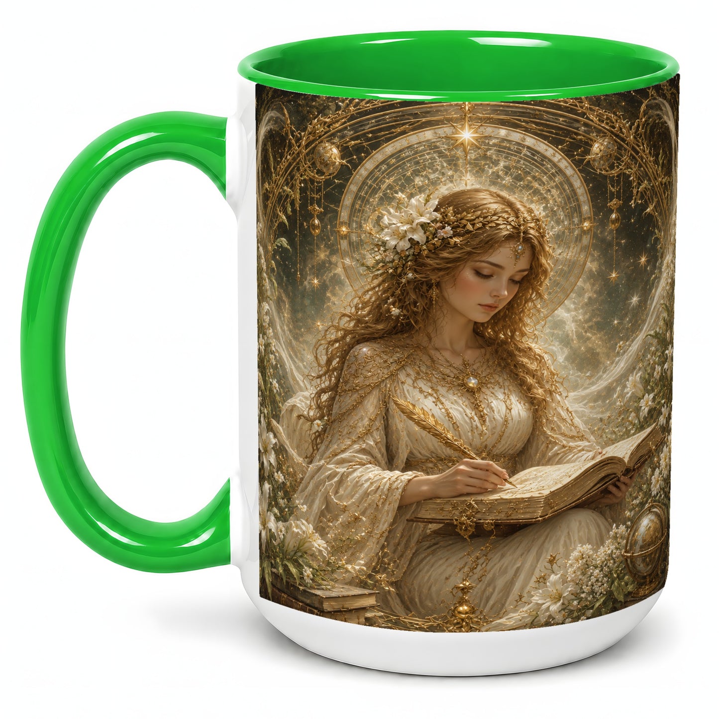 #pl[15oz|Green] Virgo Maiden Ceramic Mug, Celestial Zodiac Floral Writing Art