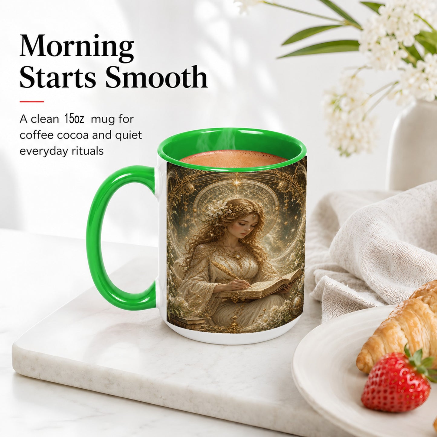 #pl[15oz|Green] Virgo Maiden Ceramic Mug, Celestial Zodiac Floral Writing Art