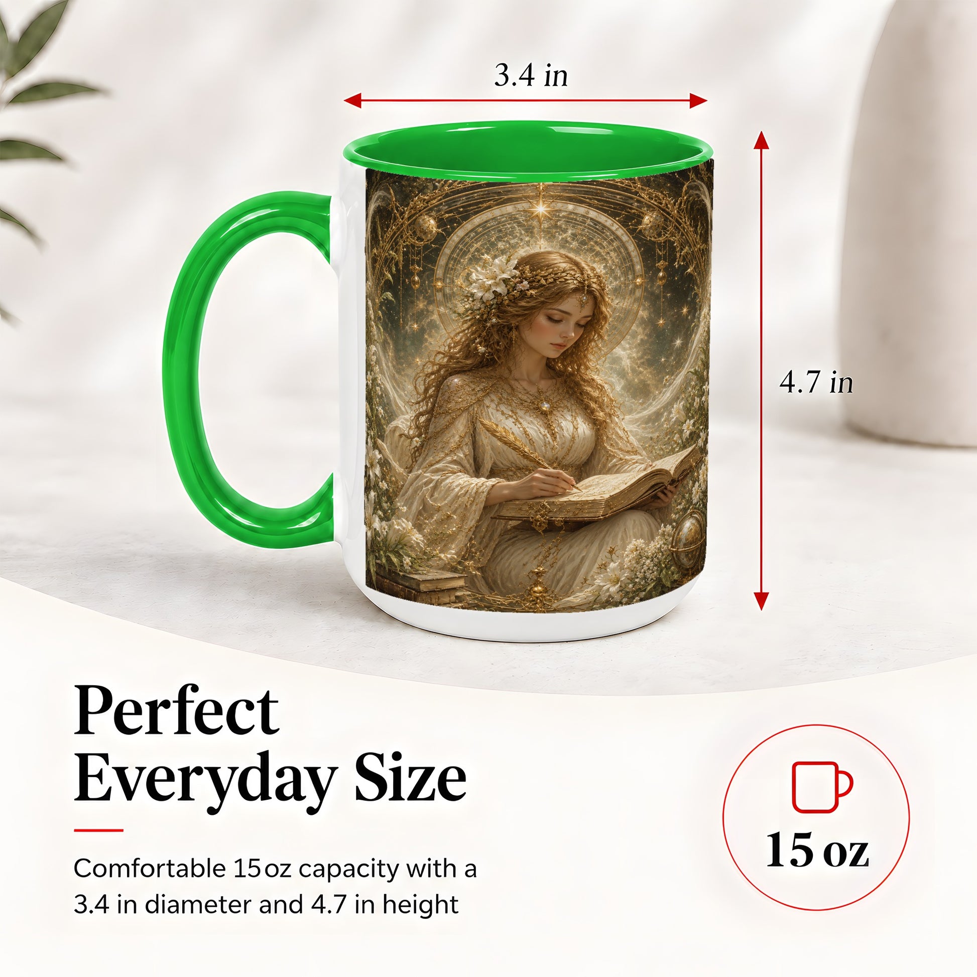 #pl[15oz|Green] Virgo Maiden Ceramic Mug, Celestial Zodiac Floral Writing Art