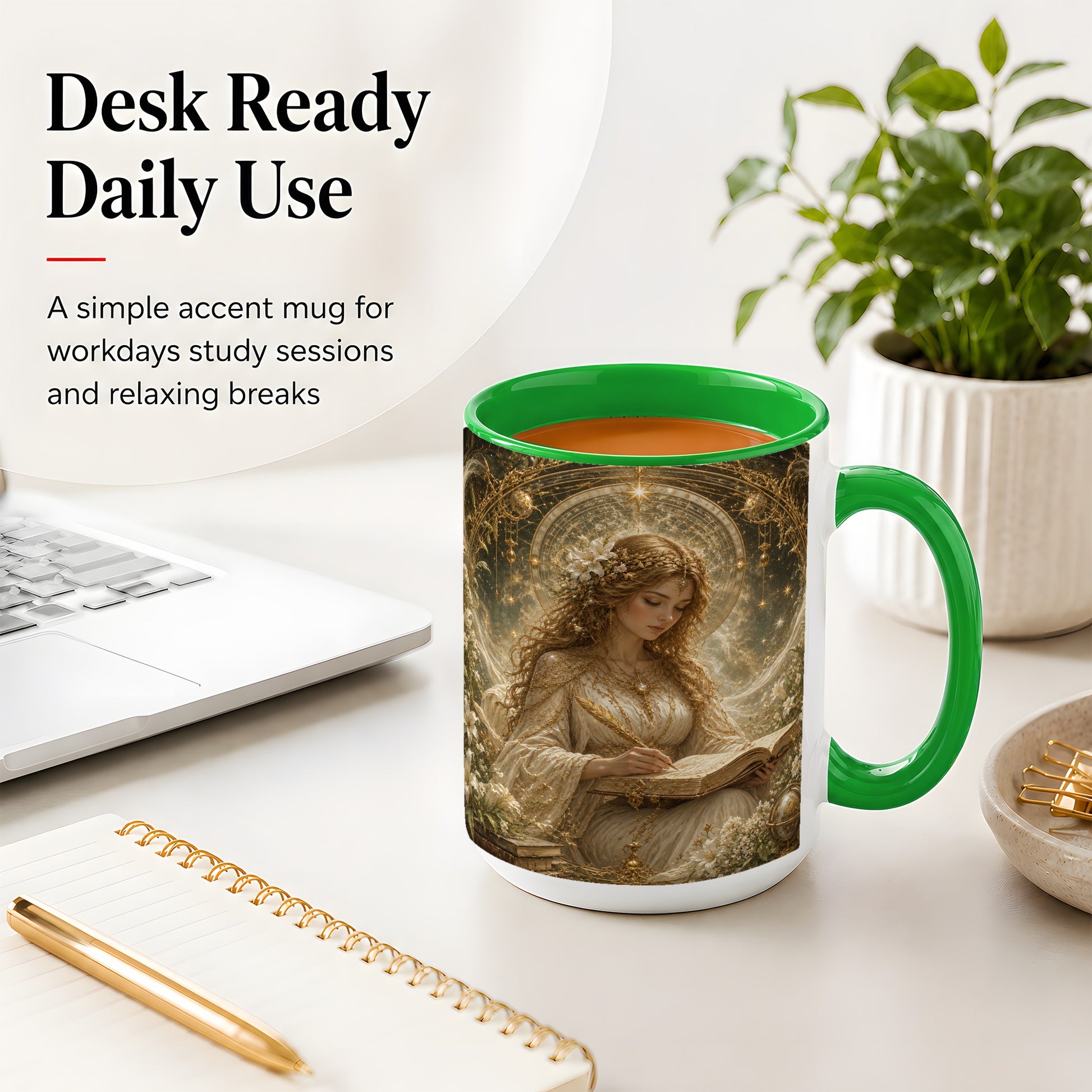 #pl[15oz|Green] Virgo Maiden Ceramic Mug, Celestial Zodiac Floral Writing Art