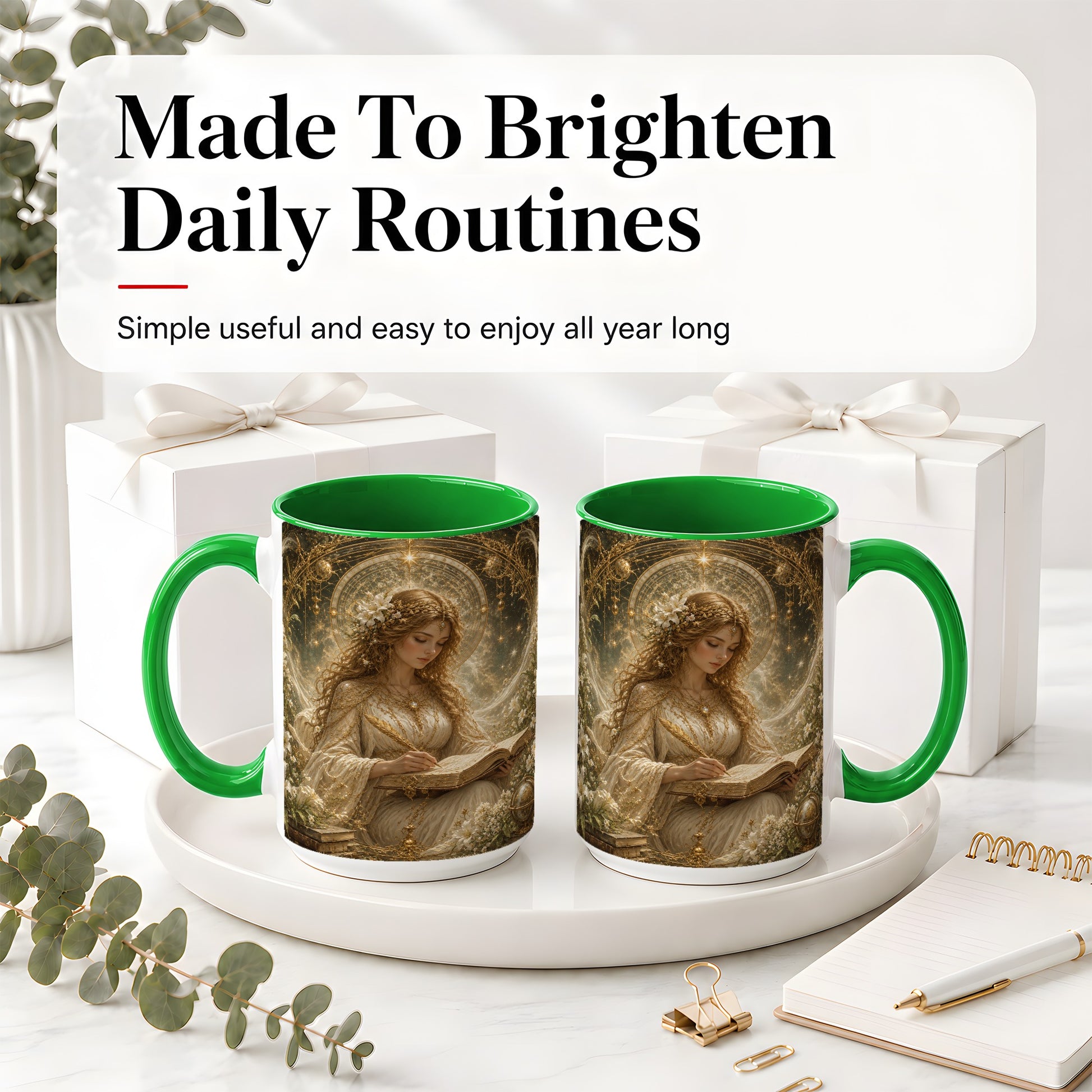 #pl[15oz|Green] Virgo Maiden Ceramic Mug, Celestial Zodiac Floral Writing Art
