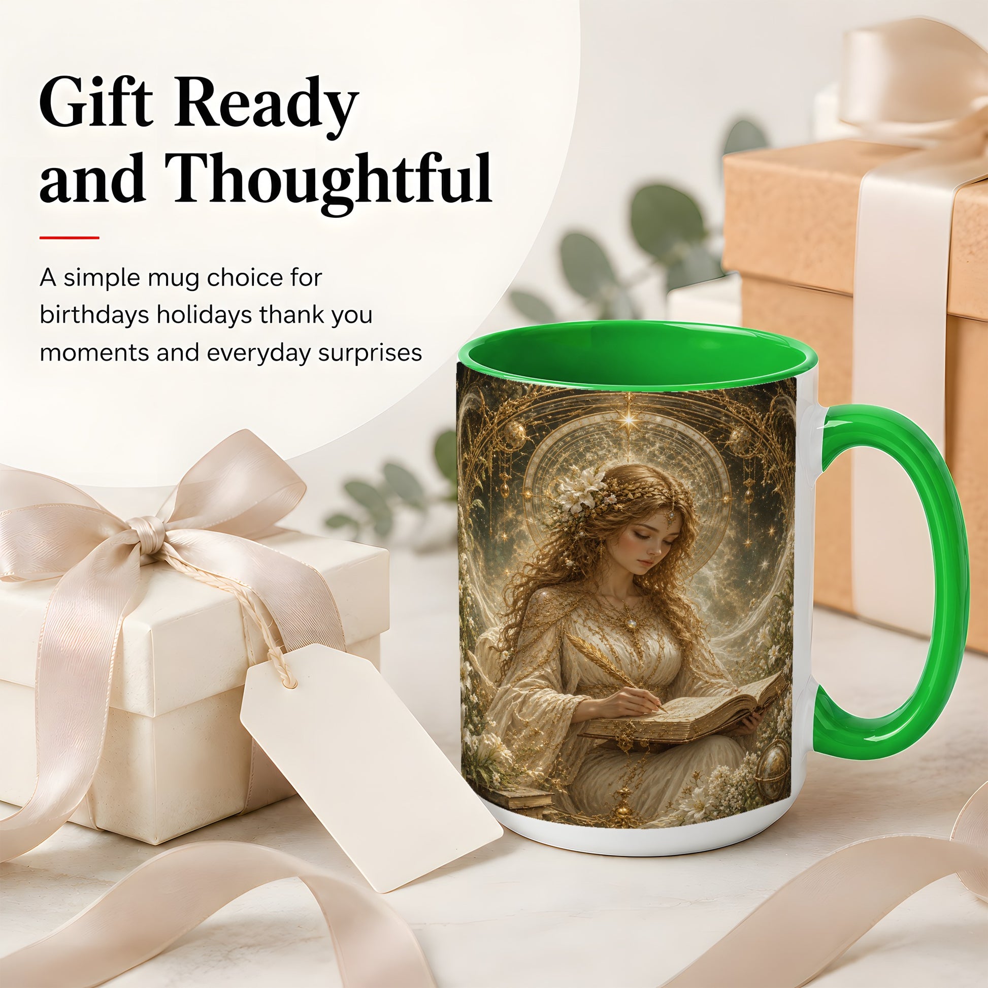 #pl[15oz|Green] Virgo Maiden Ceramic Mug, Celestial Zodiac Floral Writing Art