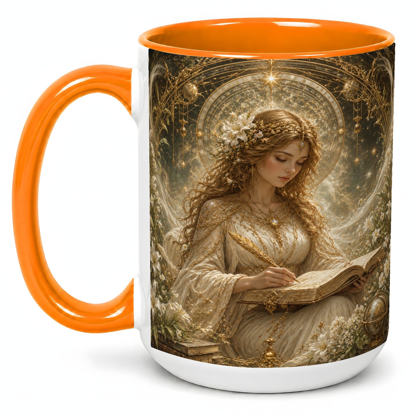 #pl[15oz|Orange] Virgo Maiden Ceramic Mug, Celestial Zodiac Floral Writing Art