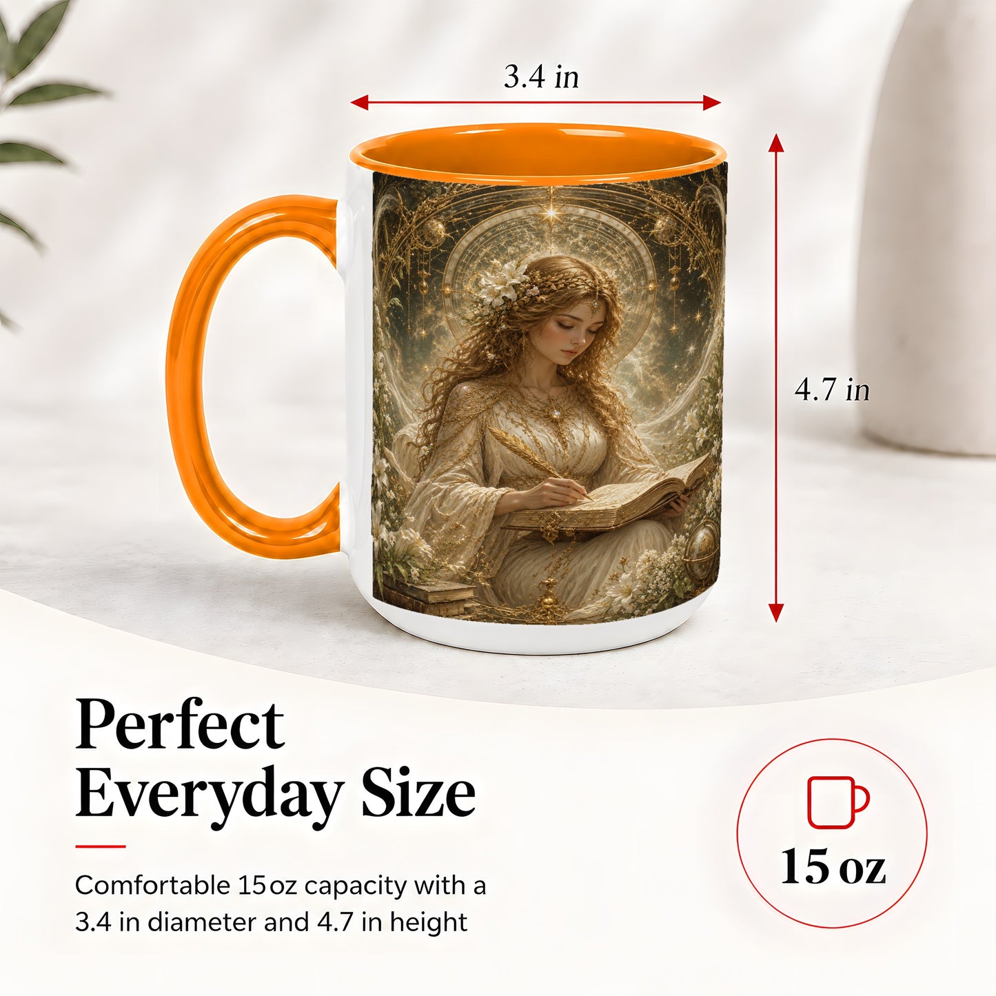 #pl[15oz|Orange] Virgo Maiden Ceramic Mug, Celestial Zodiac Floral Writing Art