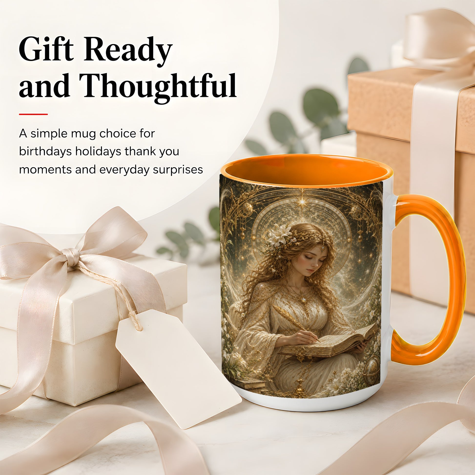 #pl[15oz|Orange] Virgo Maiden Ceramic Mug, Celestial Zodiac Floral Writing Art