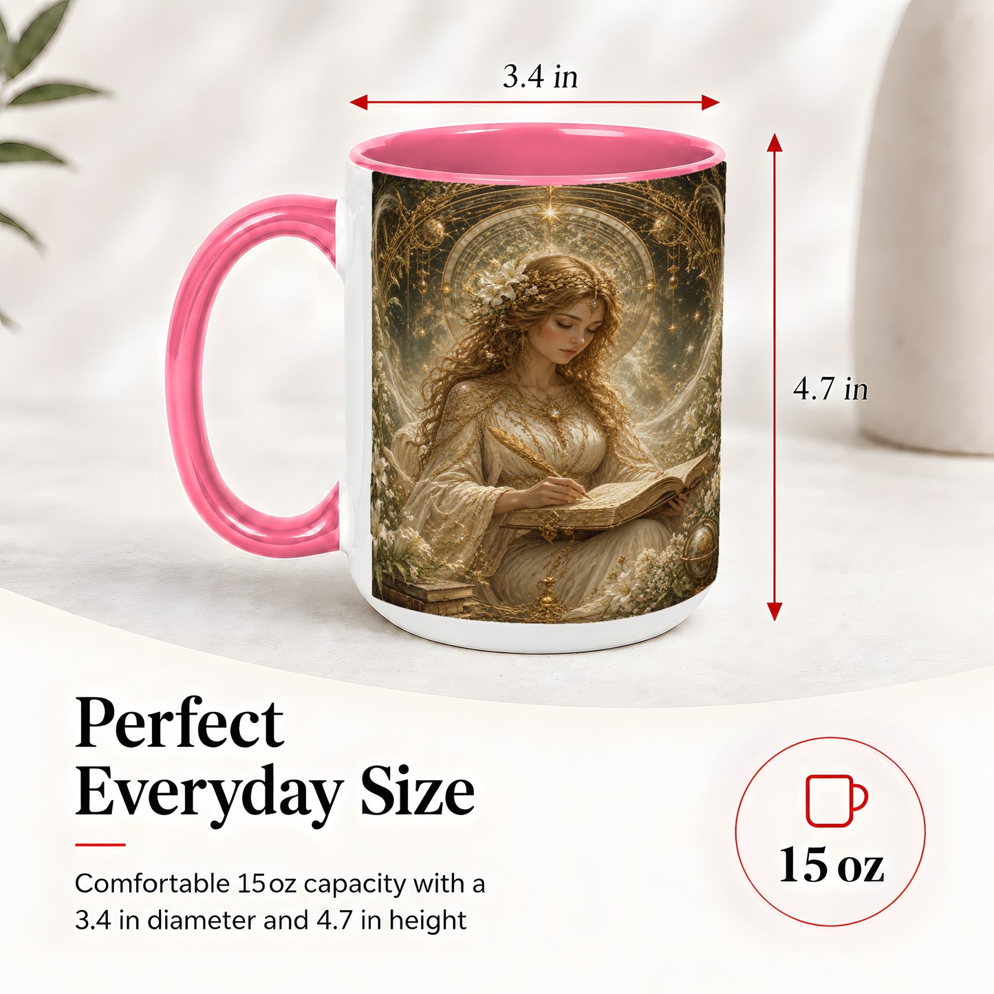 #pl[15oz|Pink] Virgo Maiden Ceramic Mug, Celestial Zodiac Floral Writing Art