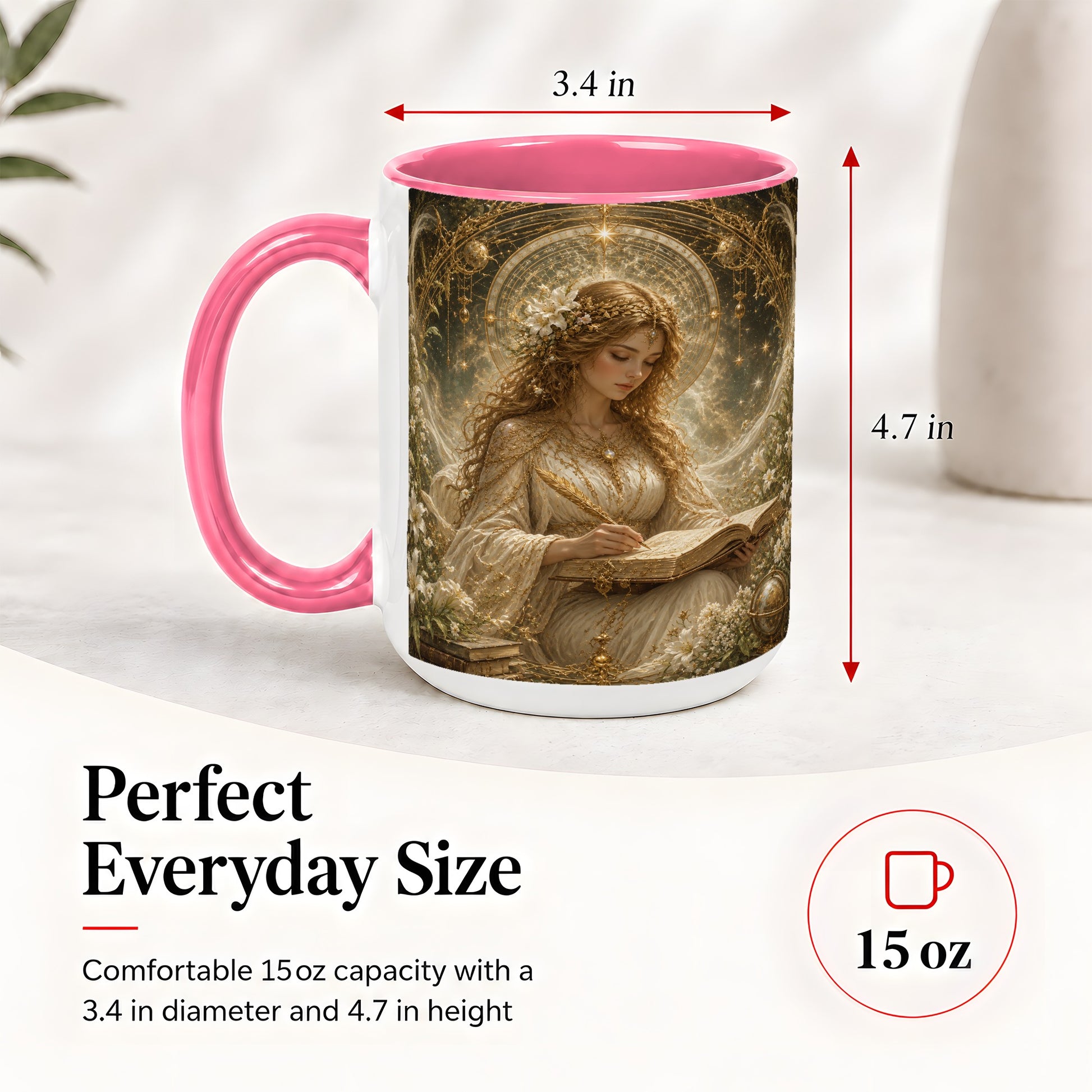 #pl[15oz|Pink] Virgo Maiden Ceramic Mug, Celestial Zodiac Floral Writing Art