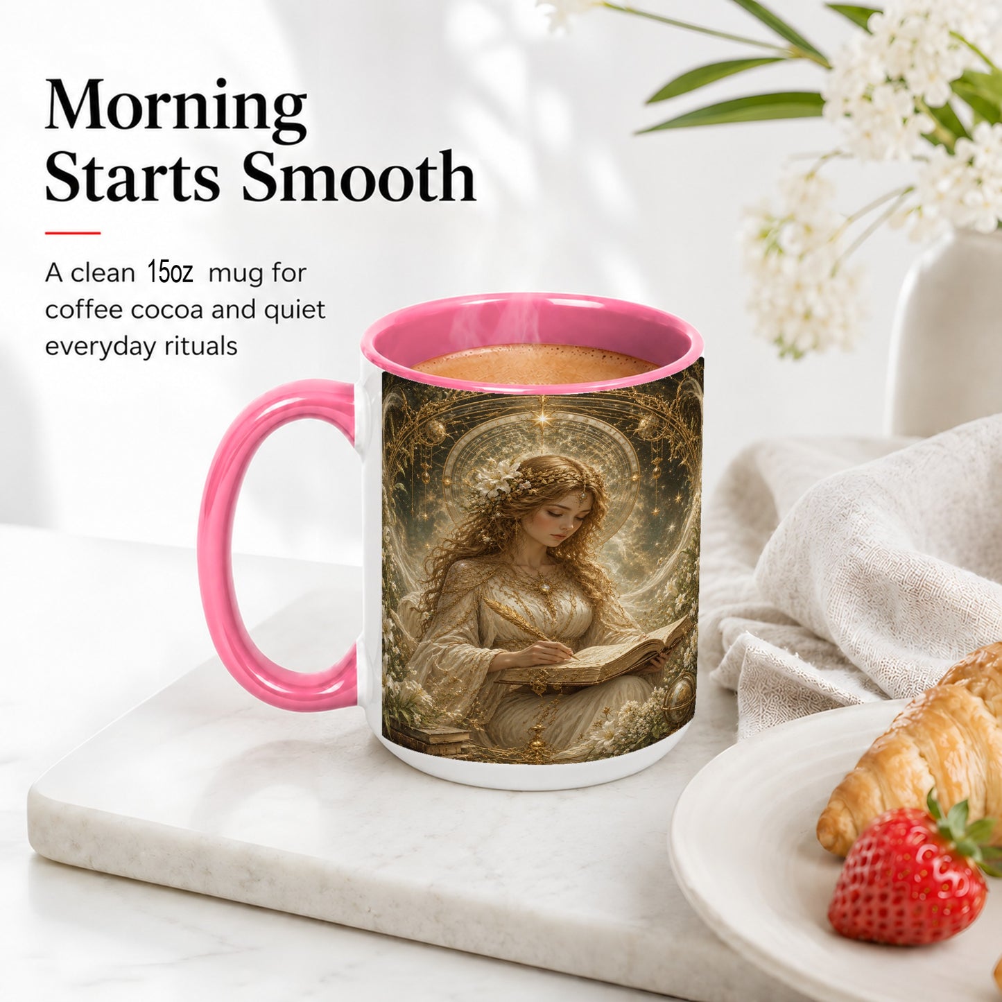 #pl[15oz|Pink] Virgo Maiden Ceramic Mug, Celestial Zodiac Floral Writing Art