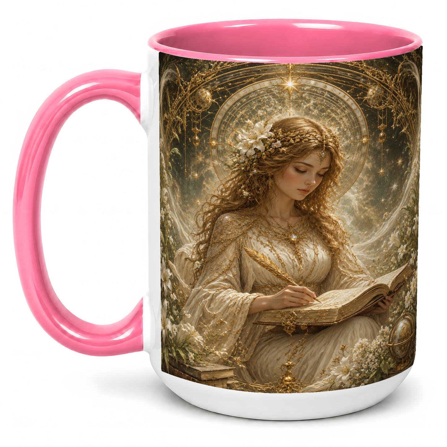 #pl[15oz|Pink] Virgo Maiden Ceramic Mug, Celestial Zodiac Floral Writing Art