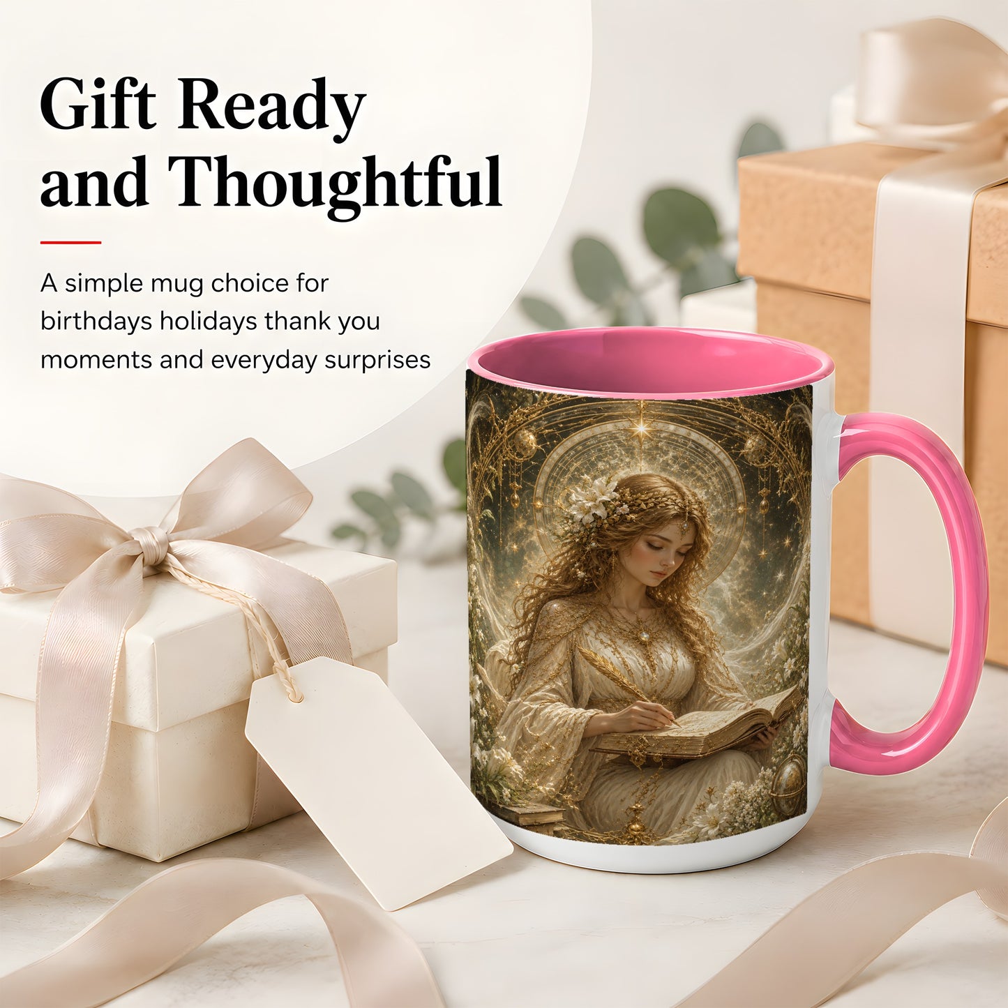 #pl[15oz|Pink] Virgo Maiden Ceramic Mug, Celestial Zodiac Floral Writing Art