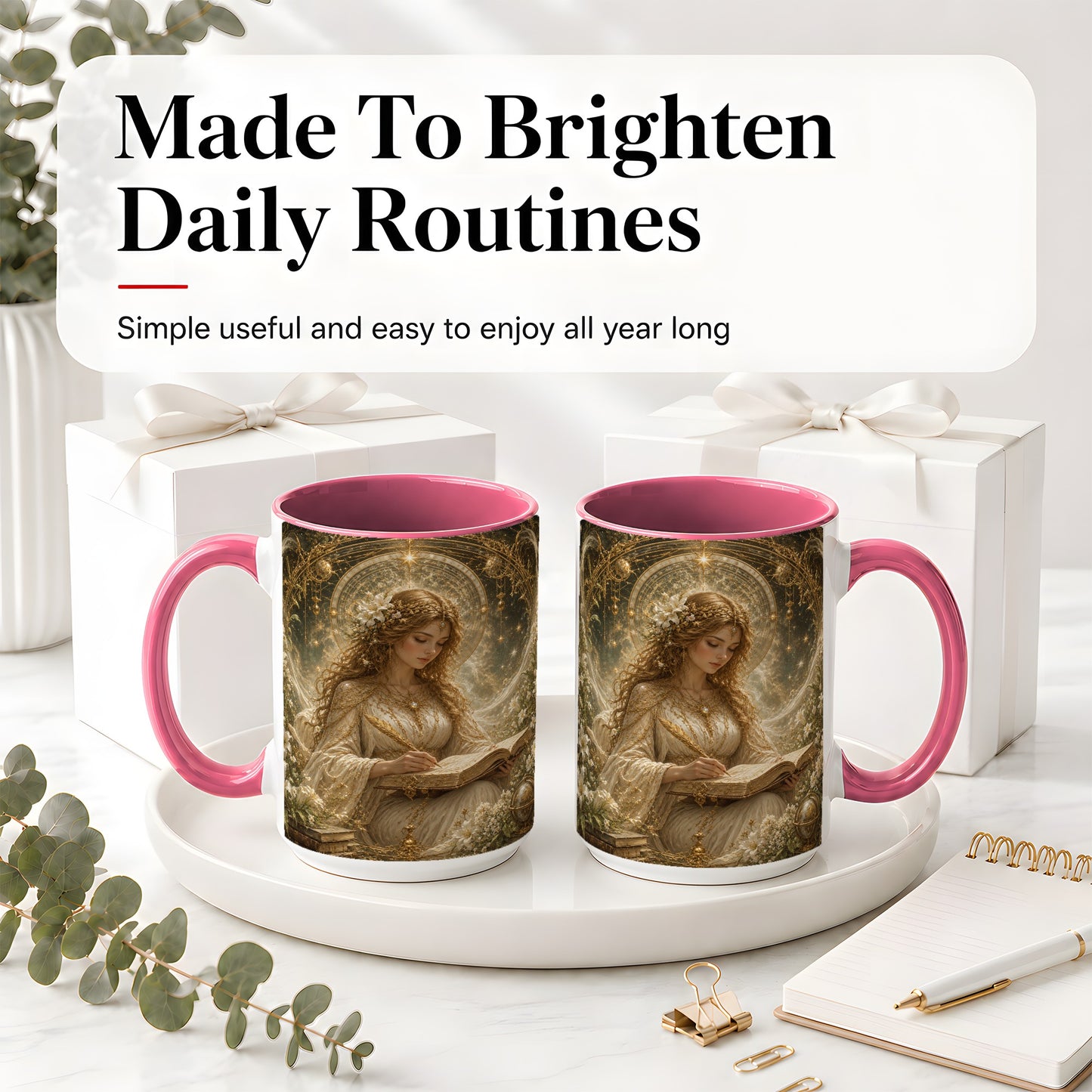 #pl[15oz|Pink] Virgo Maiden Ceramic Mug, Celestial Zodiac Floral Writing Art
