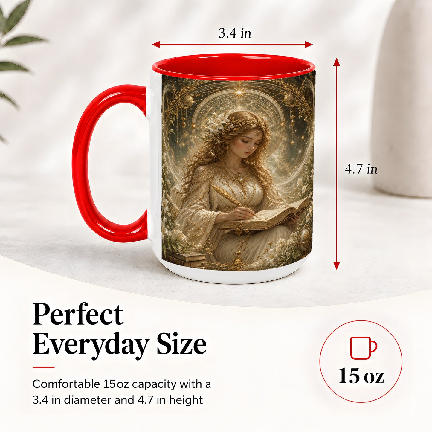#pl[15oz|Red] Virgo Maiden Ceramic Mug, Celestial Zodiac Floral Writing Art