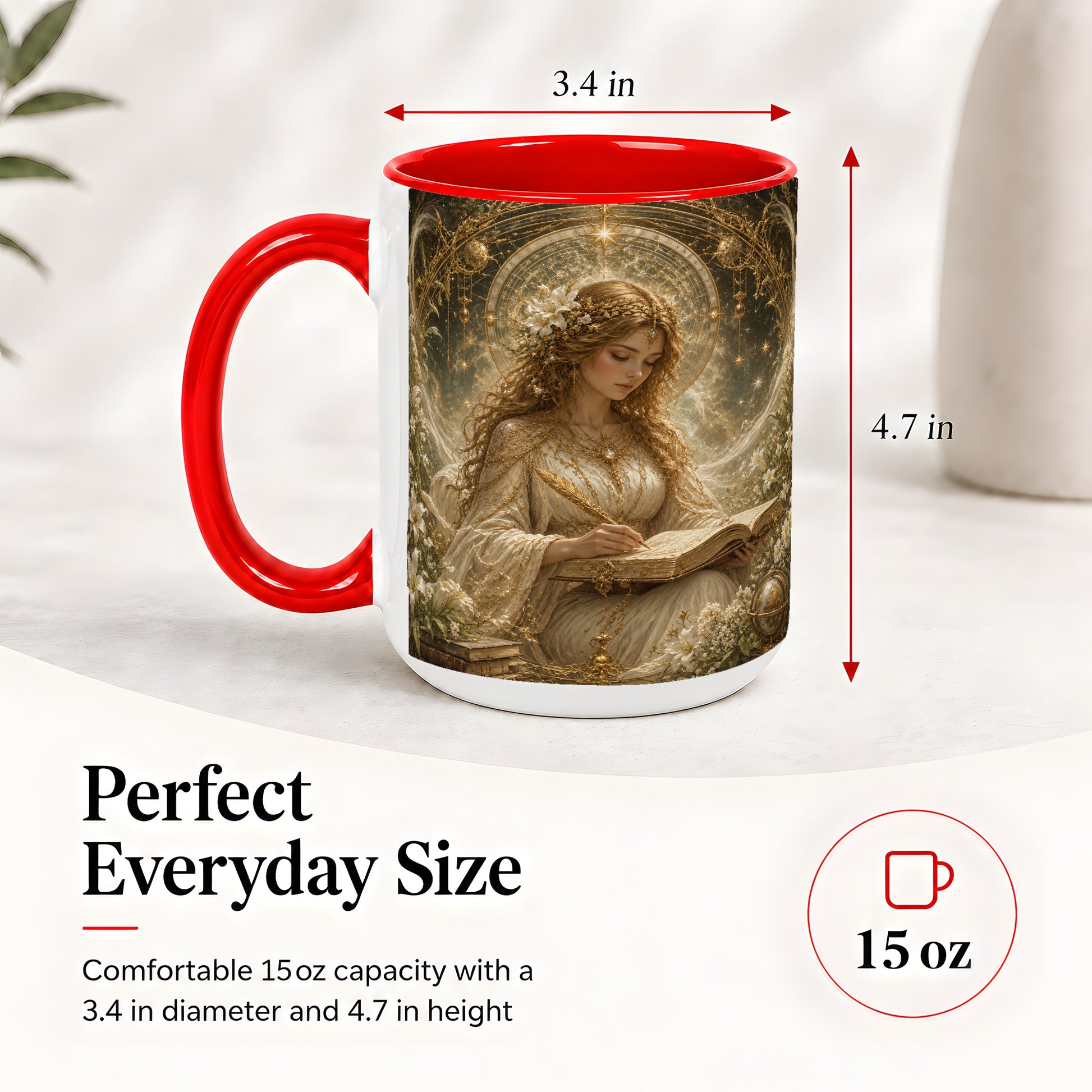 #pl[15oz|Red] Virgo Maiden Ceramic Mug, Celestial Zodiac Floral Writing Art