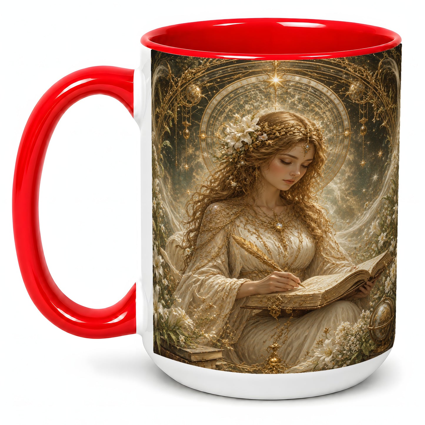 #pl[15oz|Red] Virgo Maiden Ceramic Mug, Celestial Zodiac Floral Writing Art