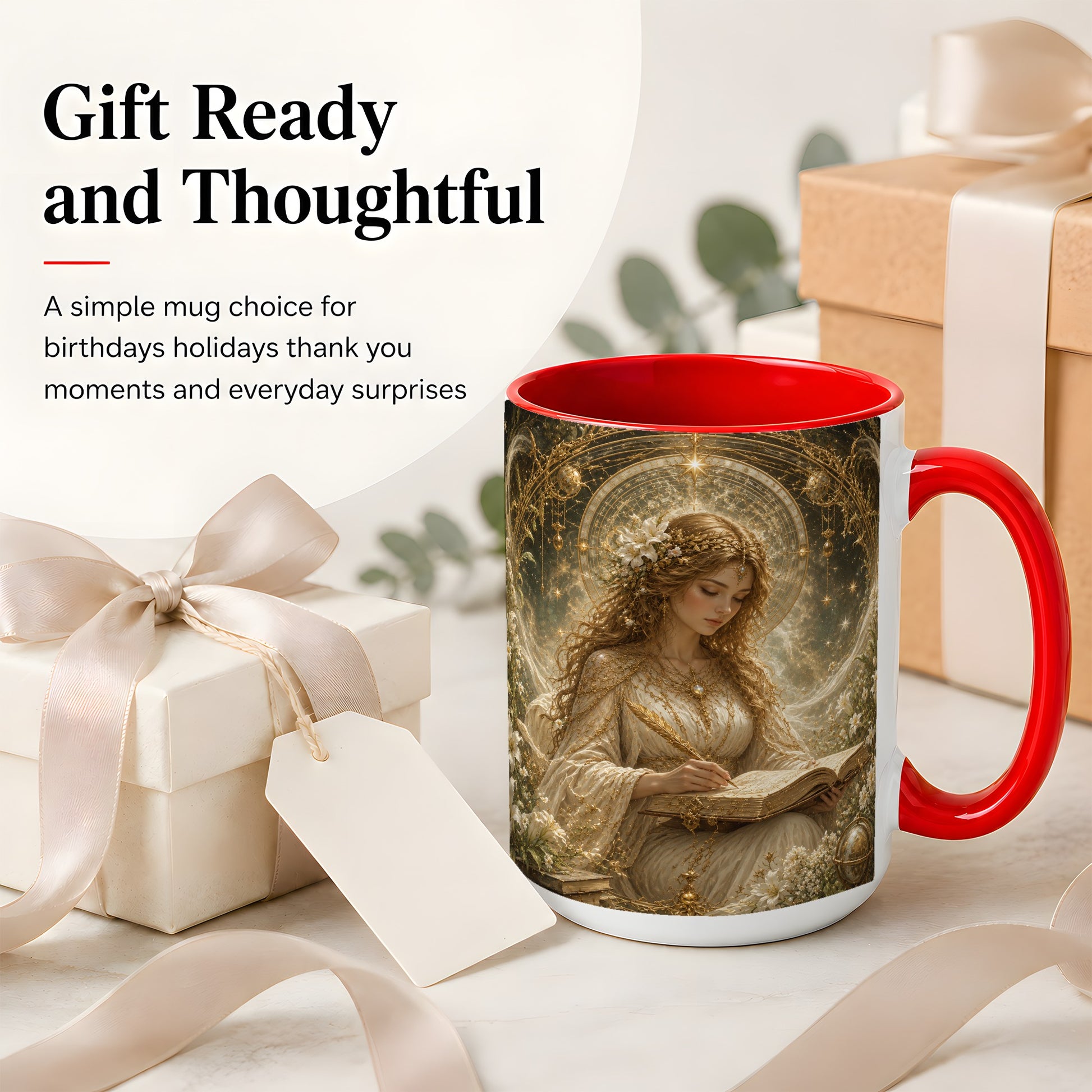 #pl[15oz|Red] Virgo Maiden Ceramic Mug, Celestial Zodiac Floral Writing Art