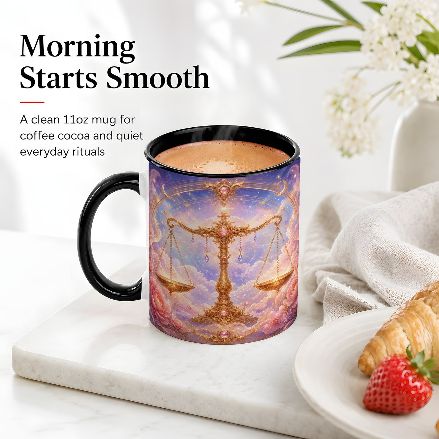 #pl[11oz|Black] Libra Zodiac Ceramic Mug, Celestial Floral Balance Scales