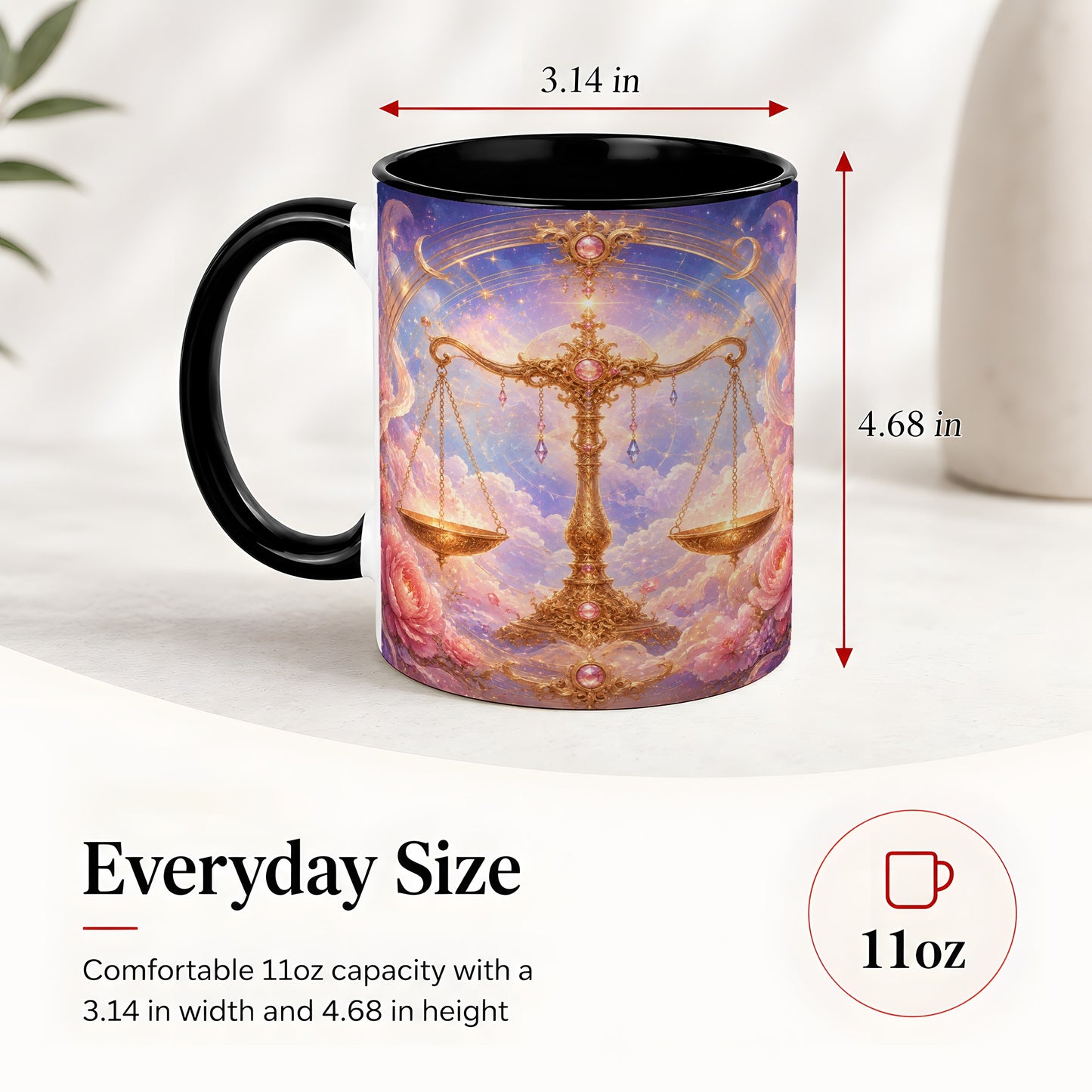 #pl[11oz|Black] Libra Zodiac Ceramic Mug, Celestial Floral Balance Scales