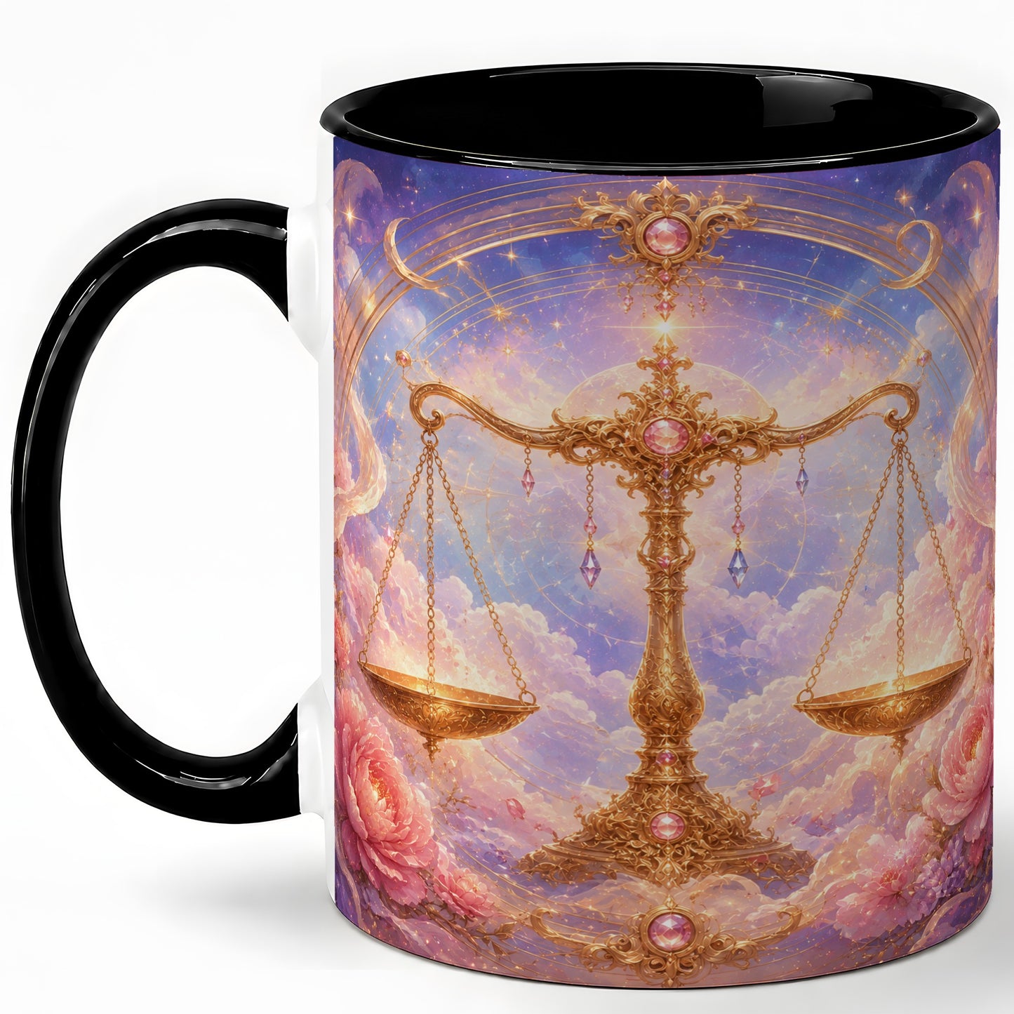 #pl[11oz|Black] Libra Zodiac Ceramic Mug, Celestial Floral Balance Scales