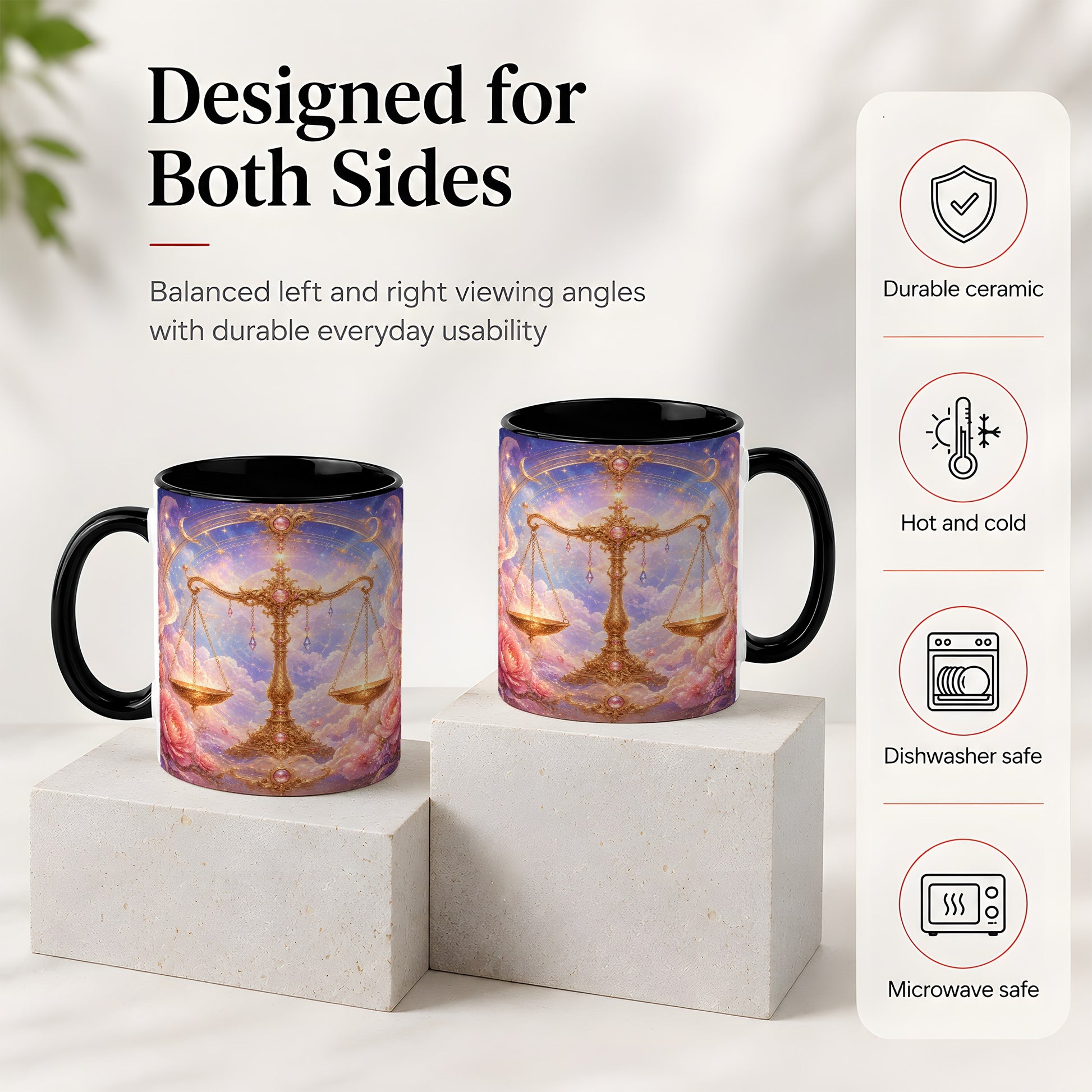 #pl[11oz|Black] Libra Zodiac Ceramic Mug, Celestial Floral Balance Scales