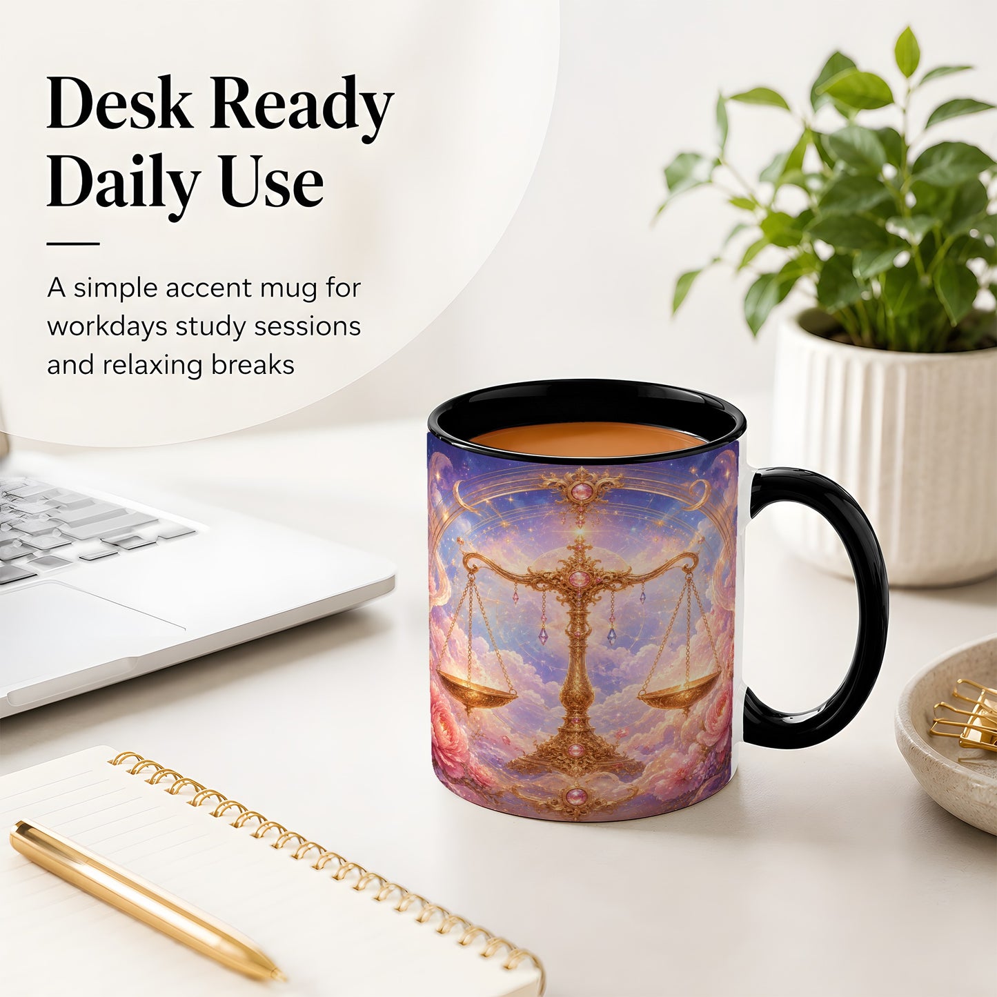 #pl[11oz|Black] Libra Zodiac Ceramic Mug, Celestial Floral Balance Scales