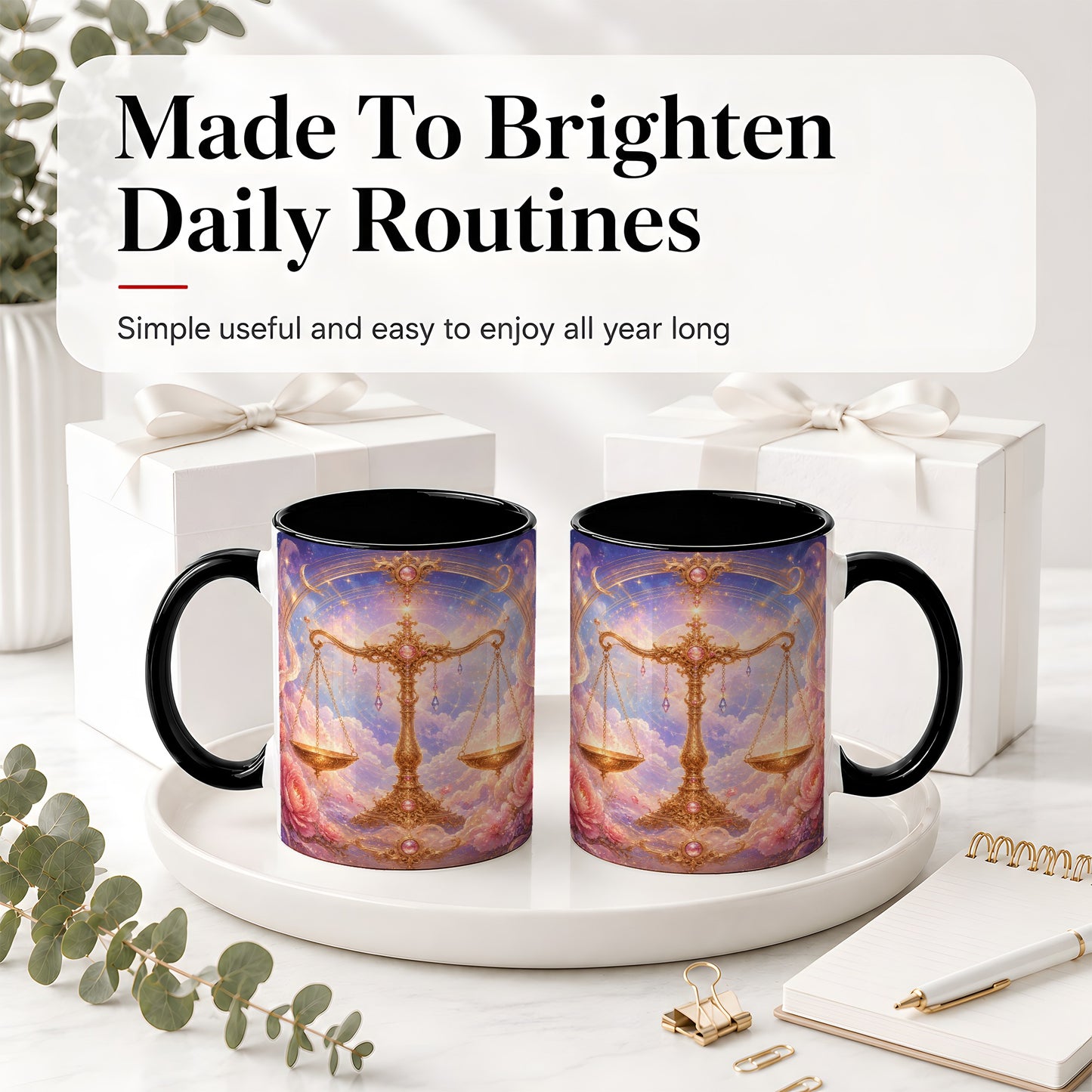 #pl[11oz|Black] Libra Zodiac Ceramic Mug, Celestial Floral Balance Scales