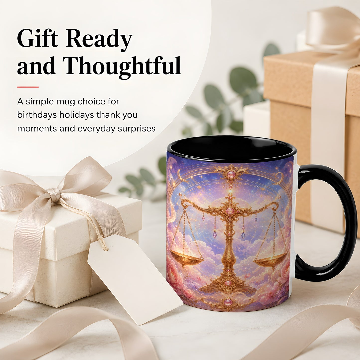 #pl[11oz|Black] Libra Zodiac Ceramic Mug, Celestial Floral Balance Scales