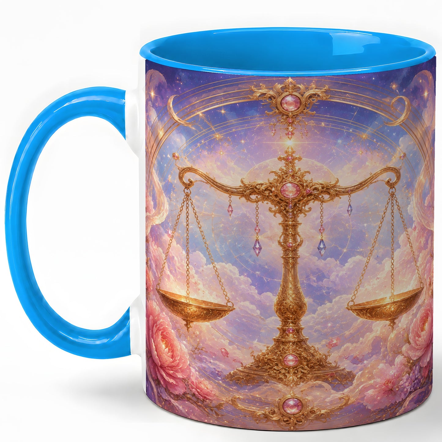 #pl[11oz|Blue] Libra Zodiac Ceramic Mug, Celestial Floral Balance Scales