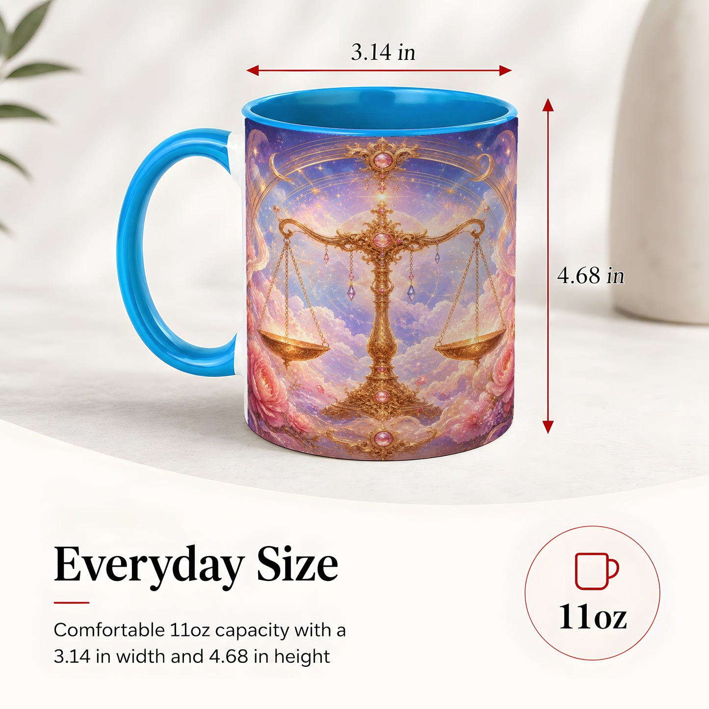 #pl[11oz|Blue] Libra Zodiac Ceramic Mug, Celestial Floral Balance Scales