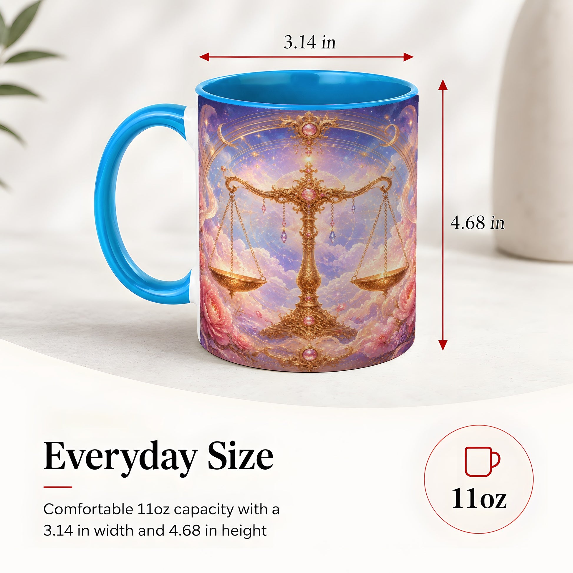 #pl[11oz|Blue] Libra Zodiac Ceramic Mug, Celestial Floral Balance Scales