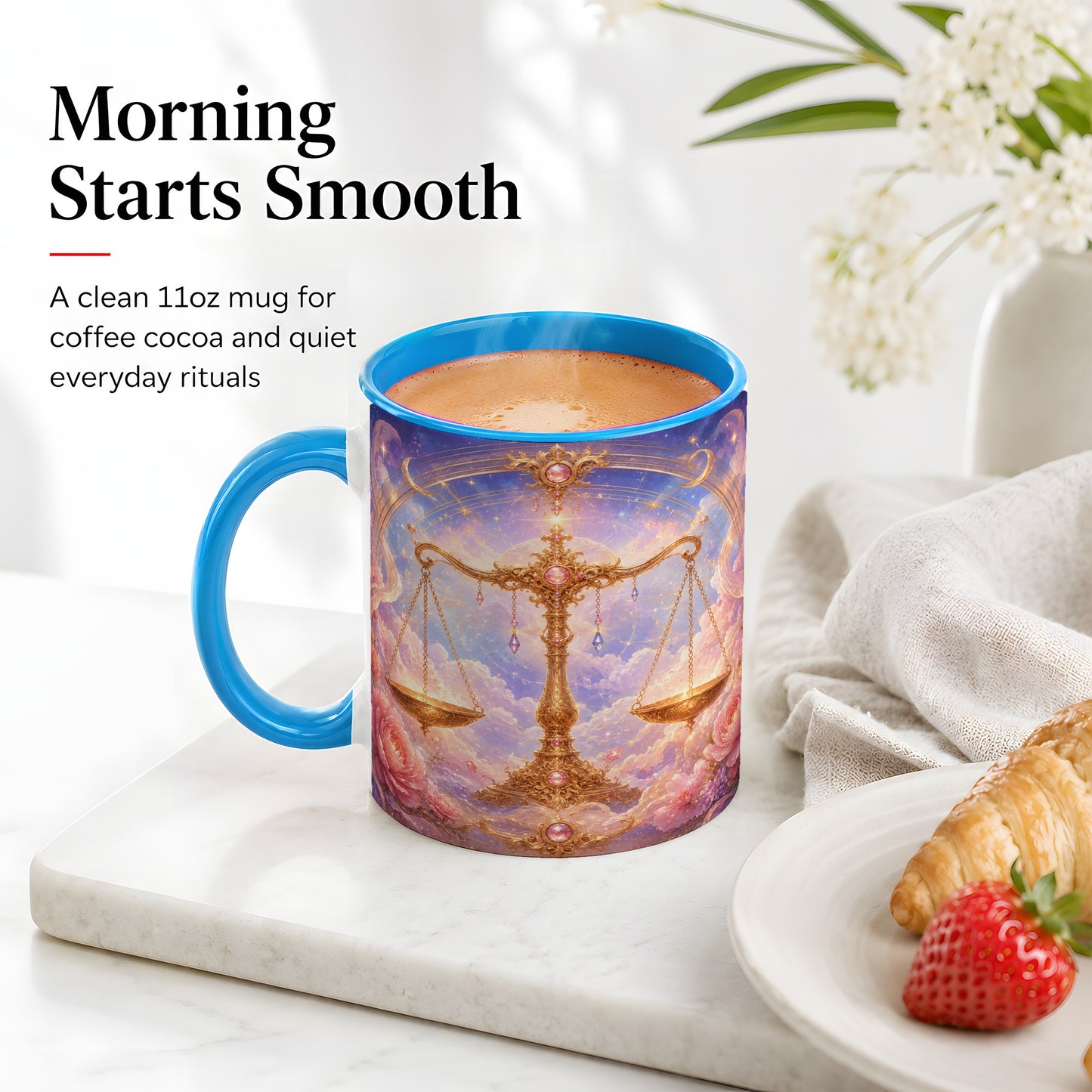 #pl[11oz|Blue] Libra Zodiac Ceramic Mug, Celestial Floral Balance Scales