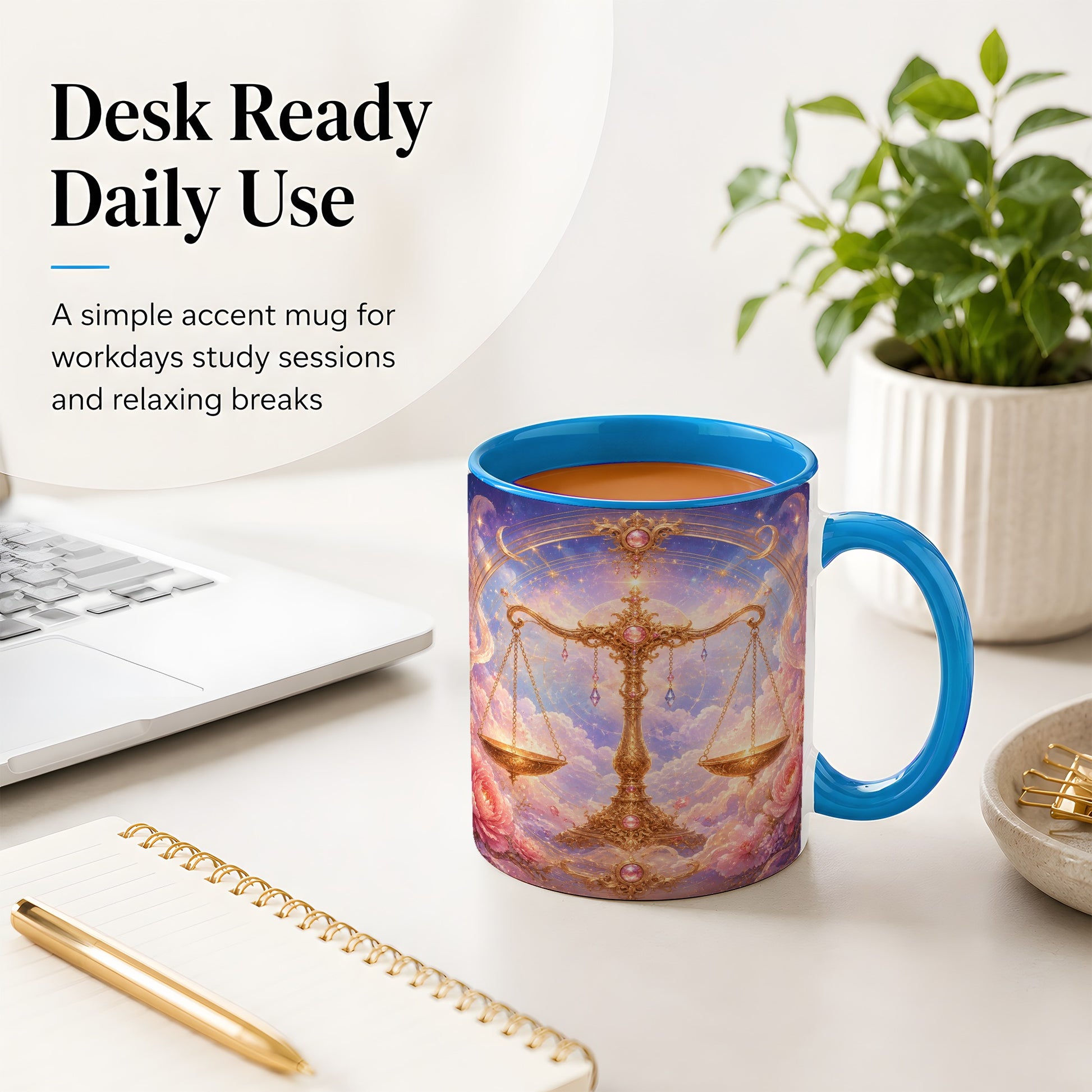 #pl[11oz|Blue] Libra Zodiac Ceramic Mug, Celestial Floral Balance Scales
