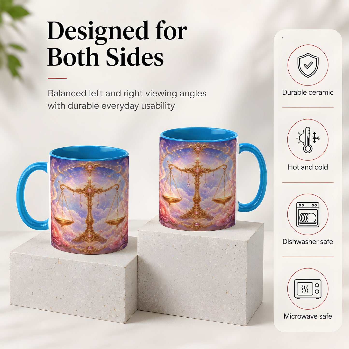 #pl[11oz|Blue] Libra Zodiac Ceramic Mug, Celestial Floral Balance Scales