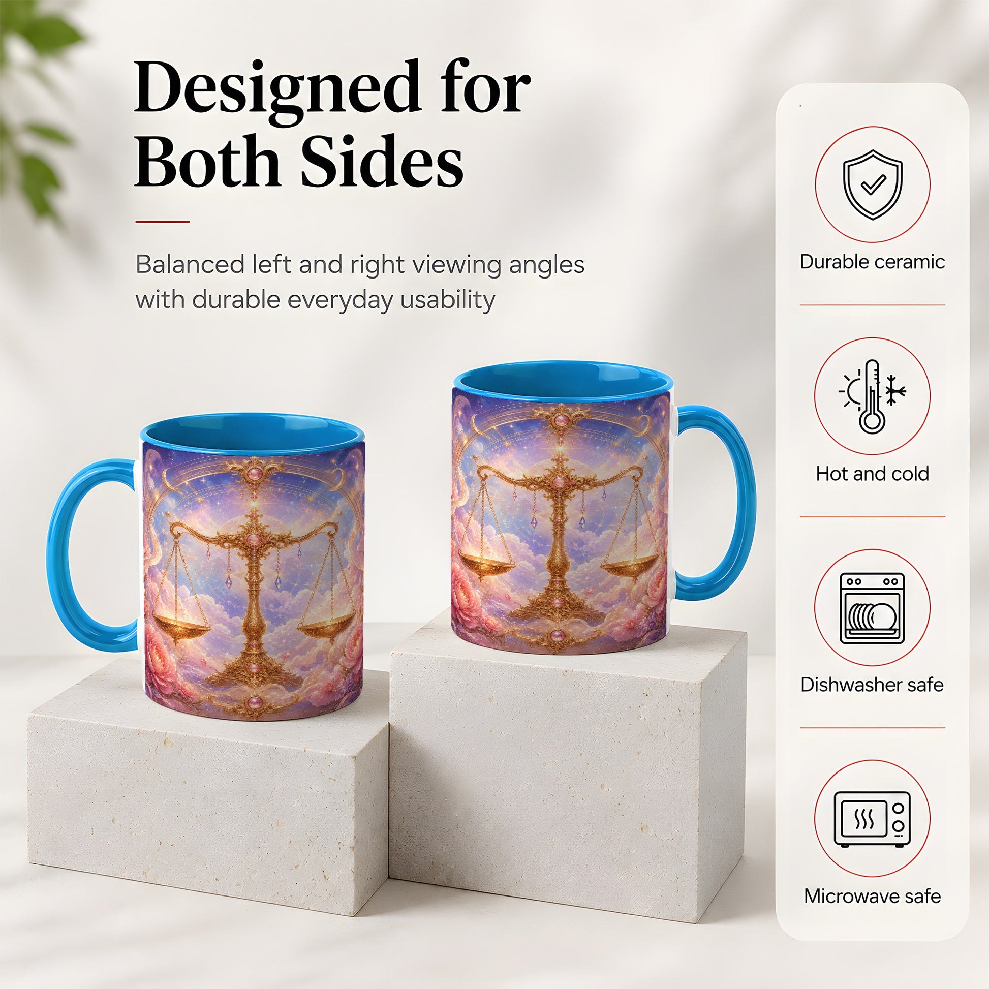 #pl[11oz|Blue] Libra Zodiac Ceramic Mug, Celestial Floral Balance Scales