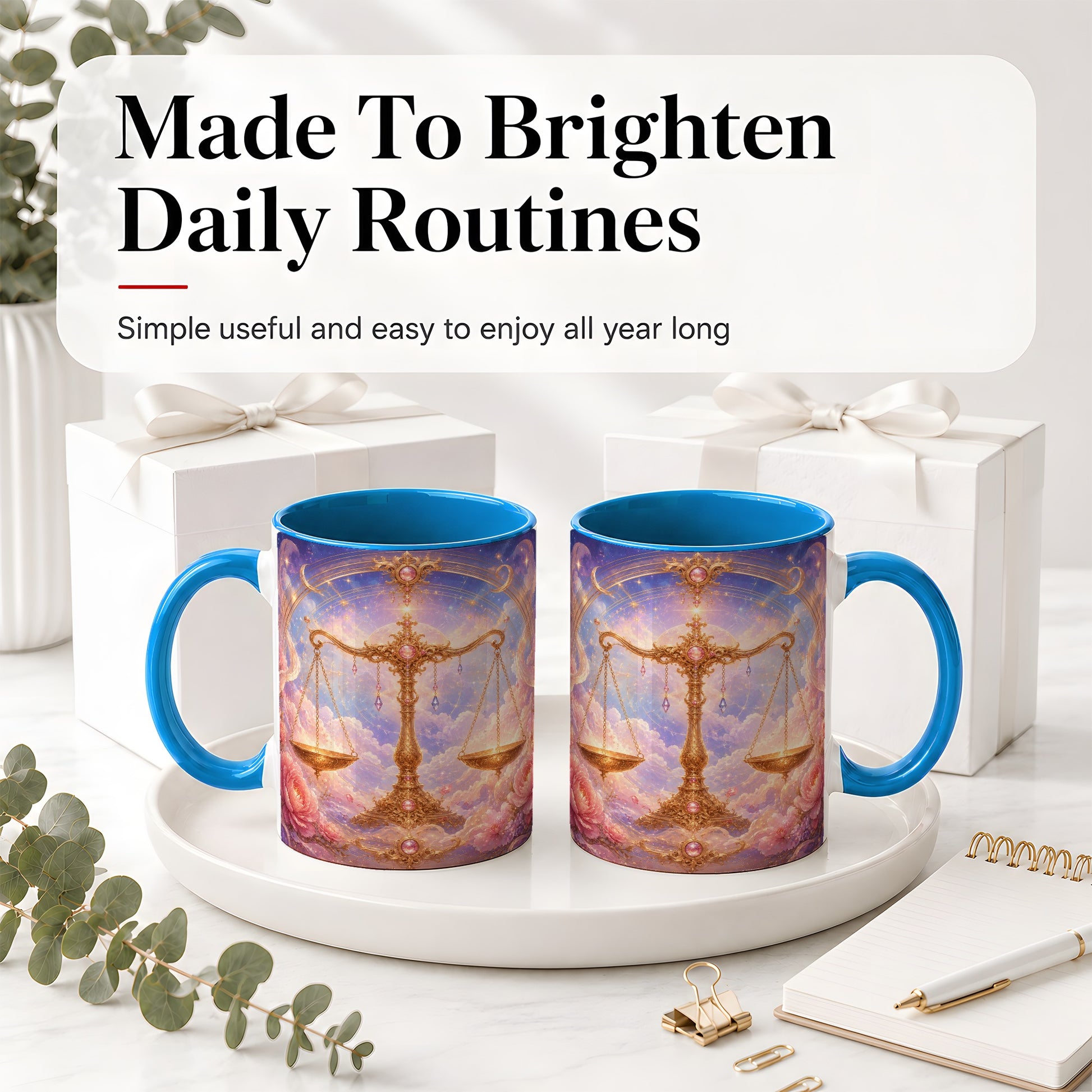 #pl[11oz|Blue] Libra Zodiac Ceramic Mug, Celestial Floral Balance Scales