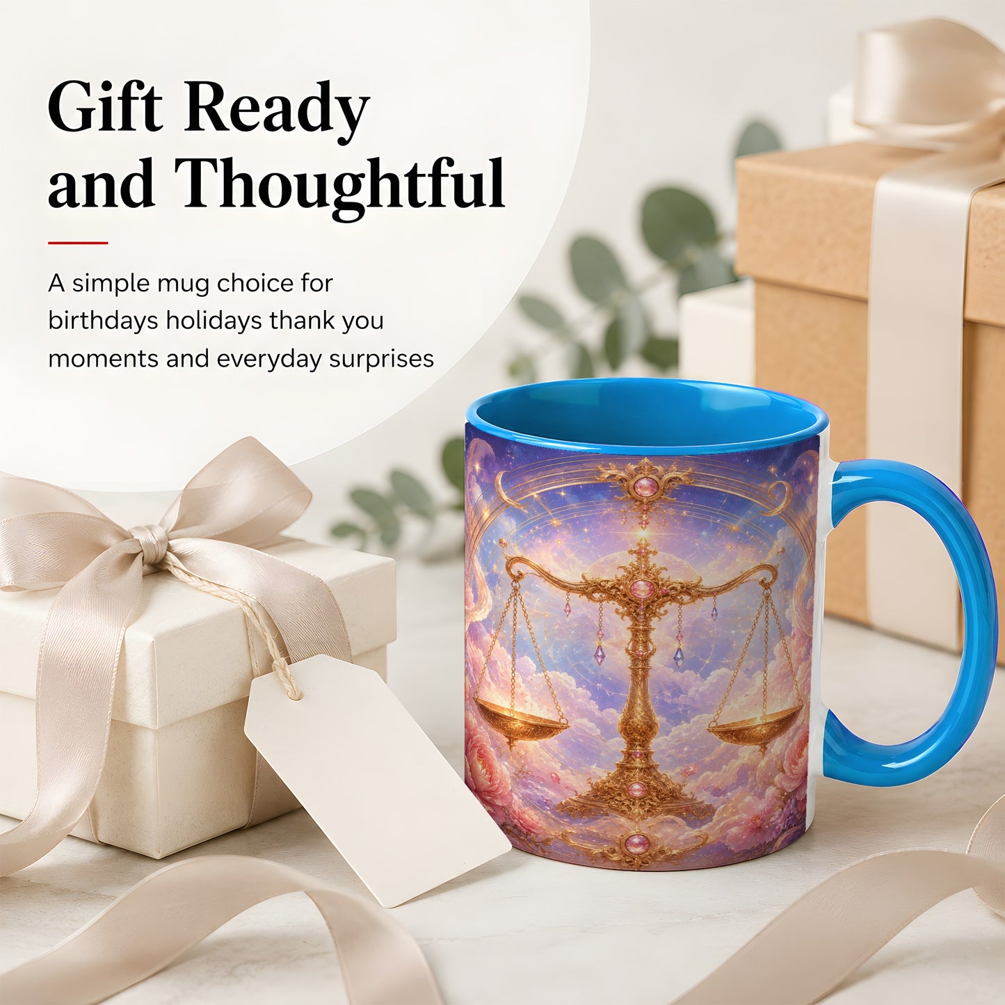 #pl[11oz|Blue] Libra Zodiac Ceramic Mug, Celestial Floral Balance Scales