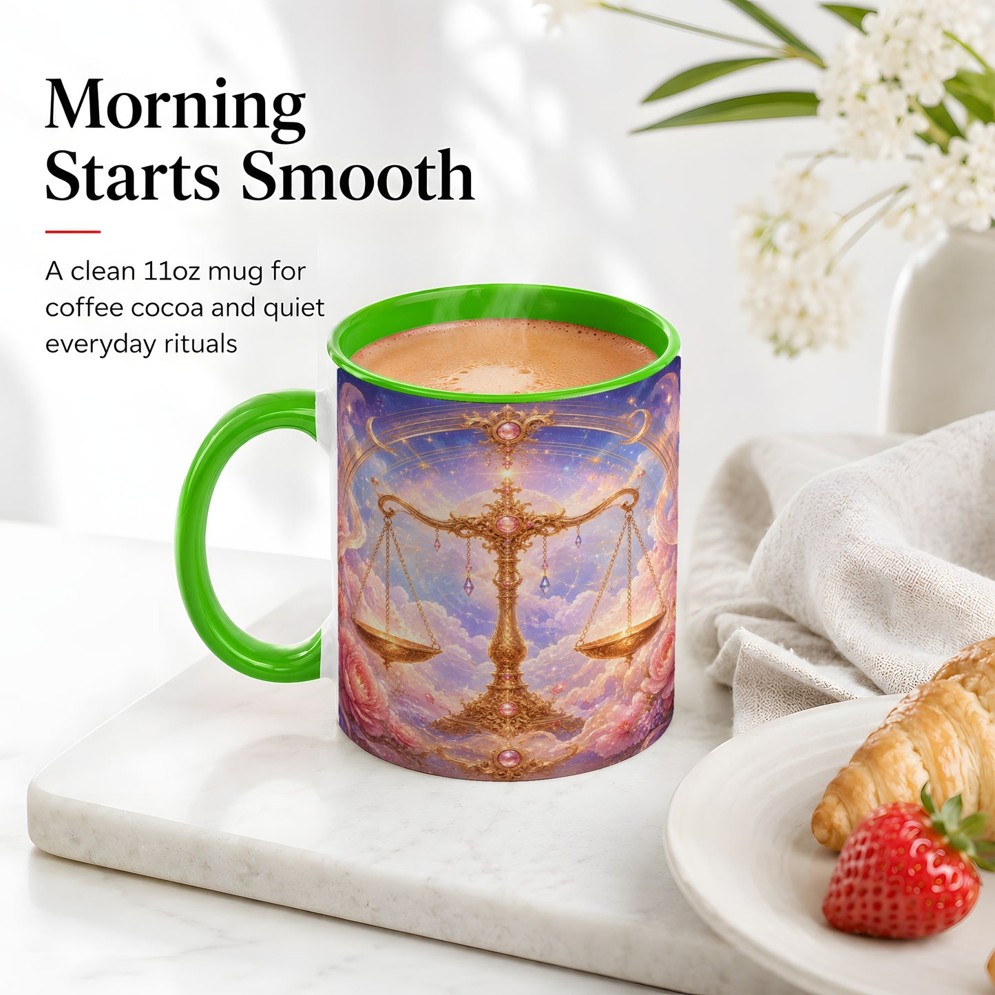 #pl[11oz|Green] Libra Zodiac Ceramic Mug, Celestial Floral Balance Scales