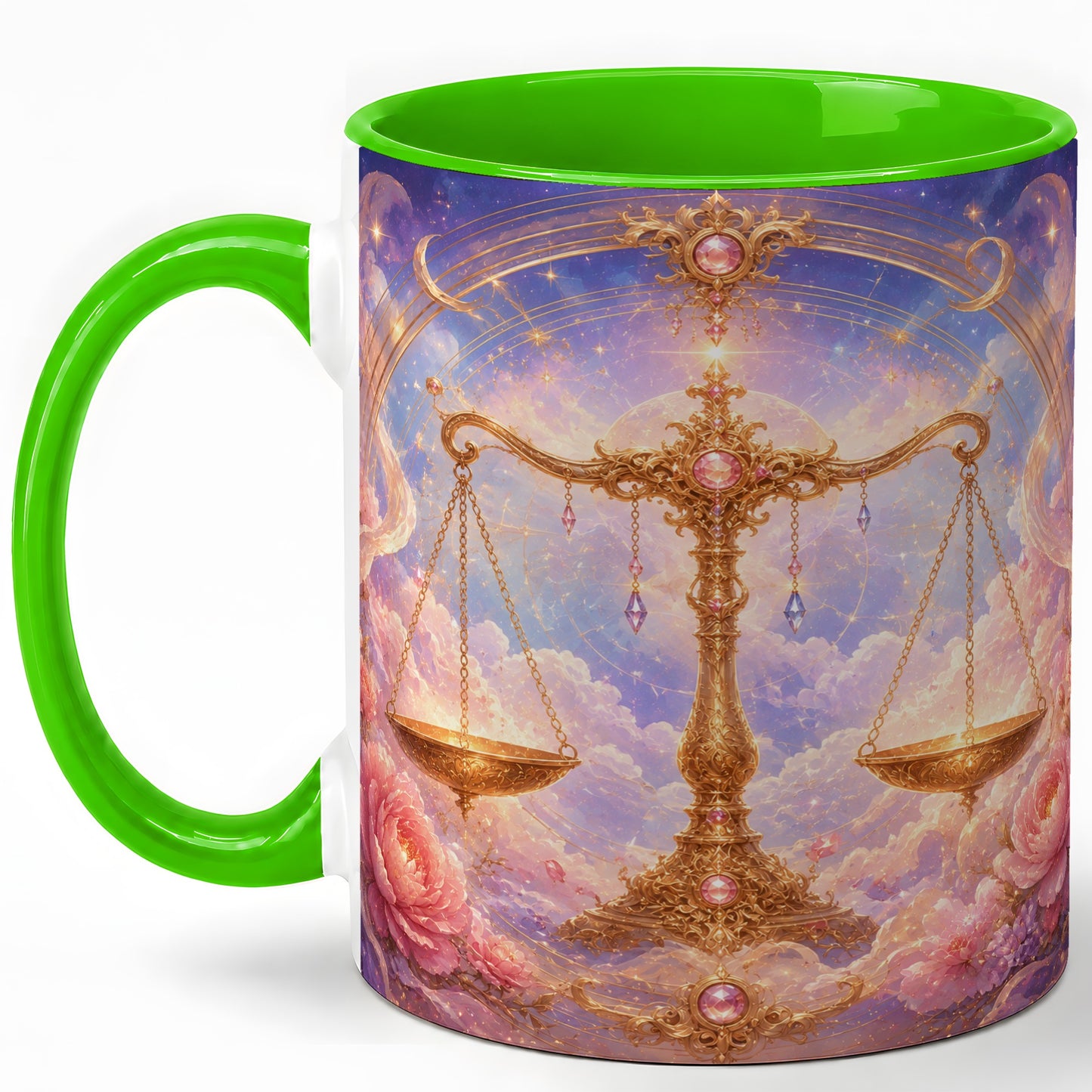 #pl[11oz|Green] Libra Zodiac Ceramic Mug, Celestial Floral Balance Scales