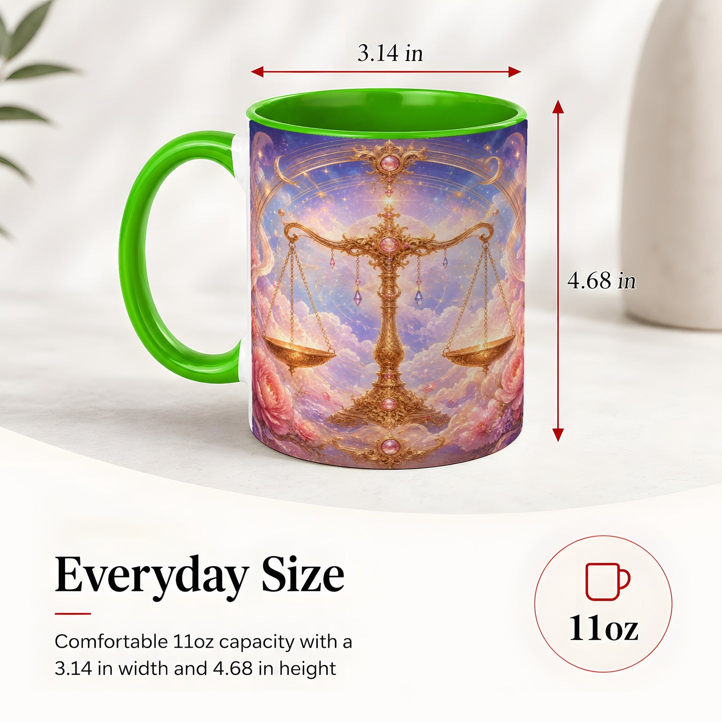 #pl[11oz|Green] Libra Zodiac Ceramic Mug, Celestial Floral Balance Scales