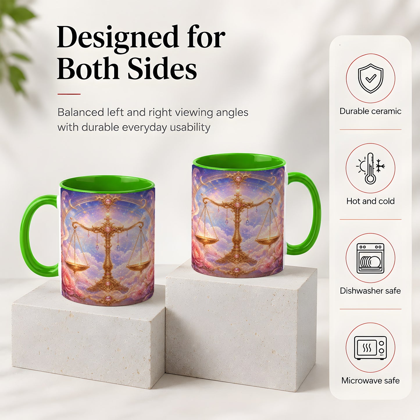 #pl[11oz|Green] Libra Zodiac Ceramic Mug, Celestial Floral Balance Scales