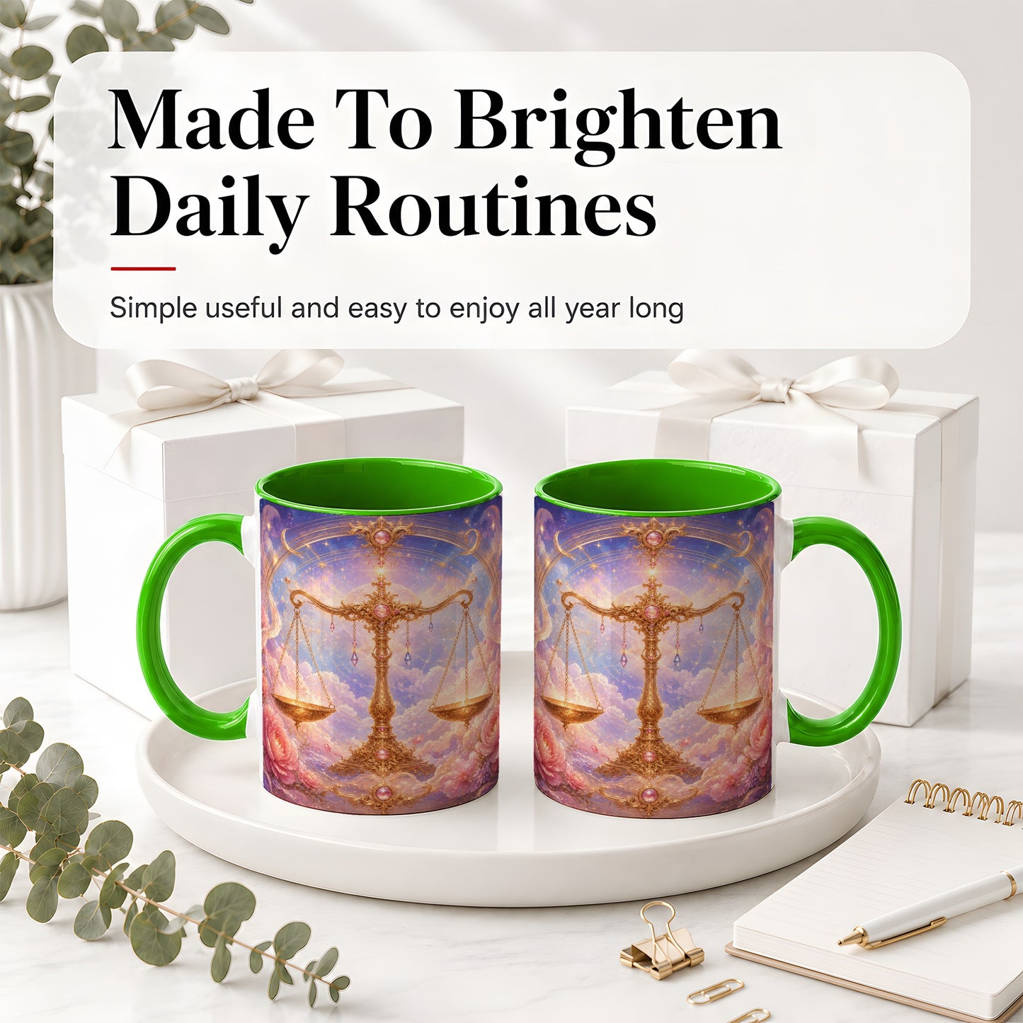 #pl[11oz|Green] Libra Zodiac Ceramic Mug, Celestial Floral Balance Scales