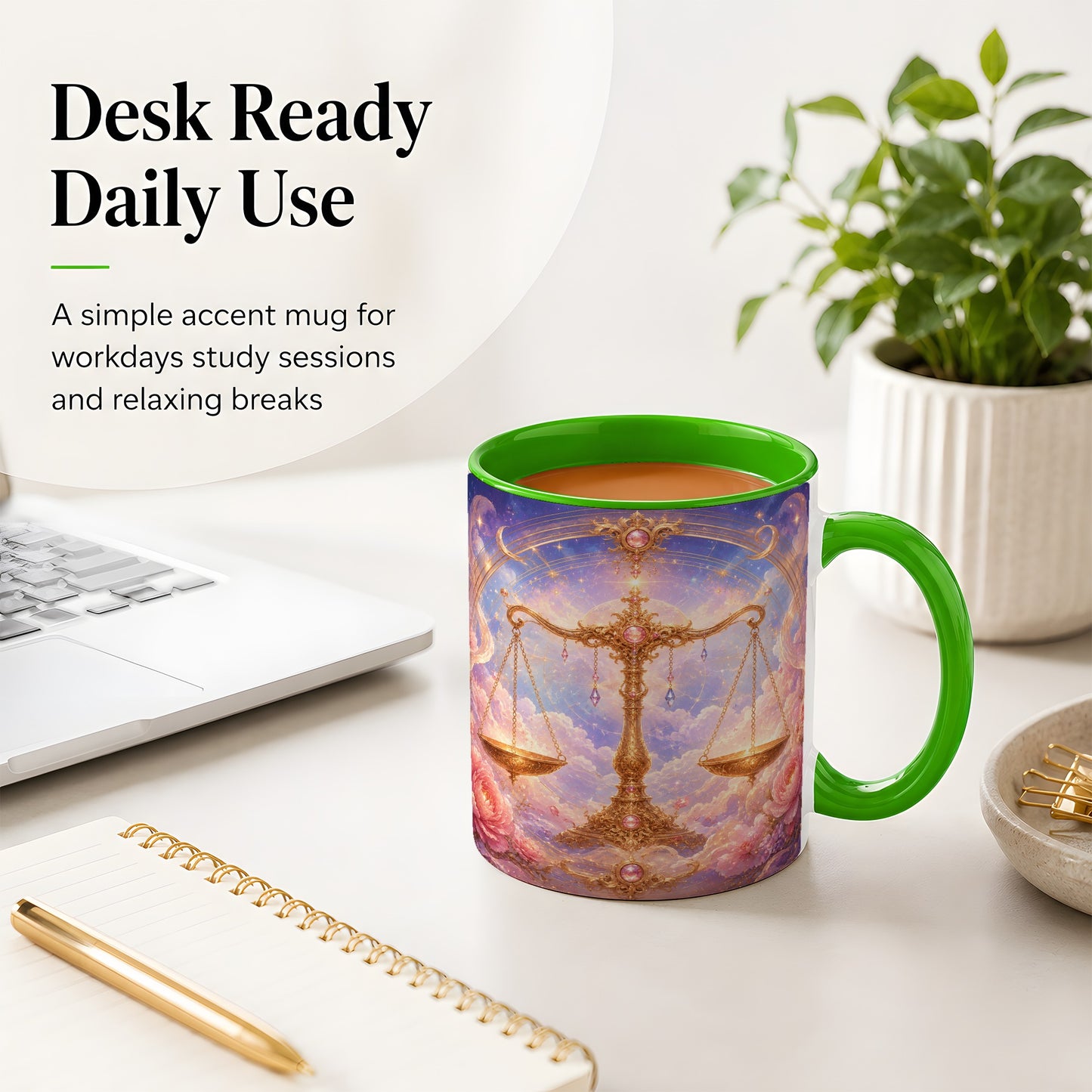 #pl[11oz|Green] Libra Zodiac Ceramic Mug, Celestial Floral Balance Scales
