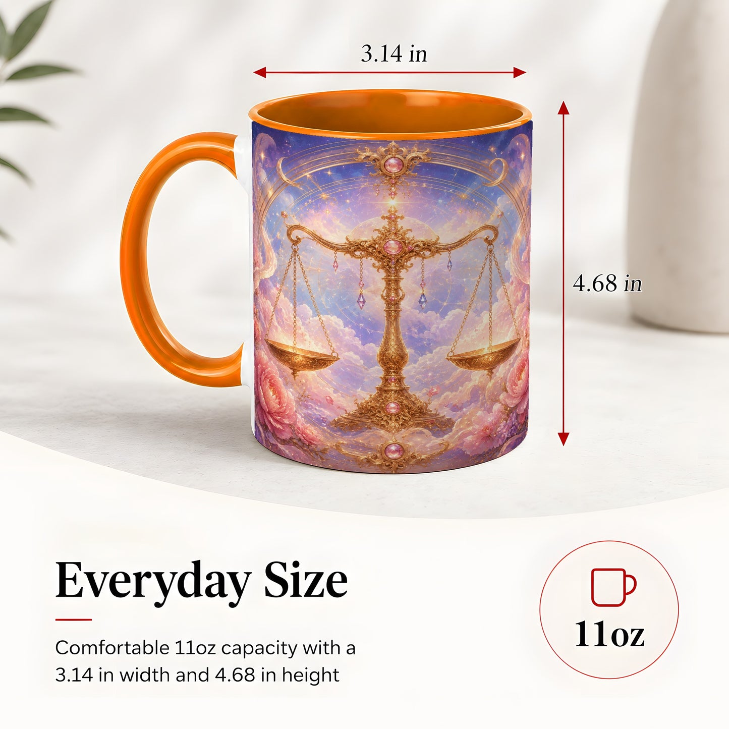 #pl[11oz|Orange] Libra Zodiac Ceramic Mug, Celestial Floral Balance Scales