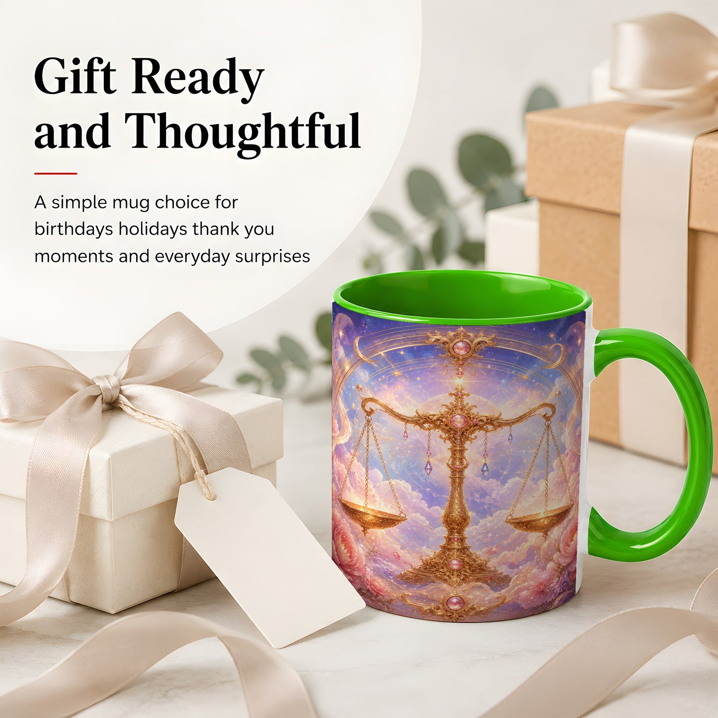 #pl[11oz|Green] Libra Zodiac Ceramic Mug, Celestial Floral Balance Scales