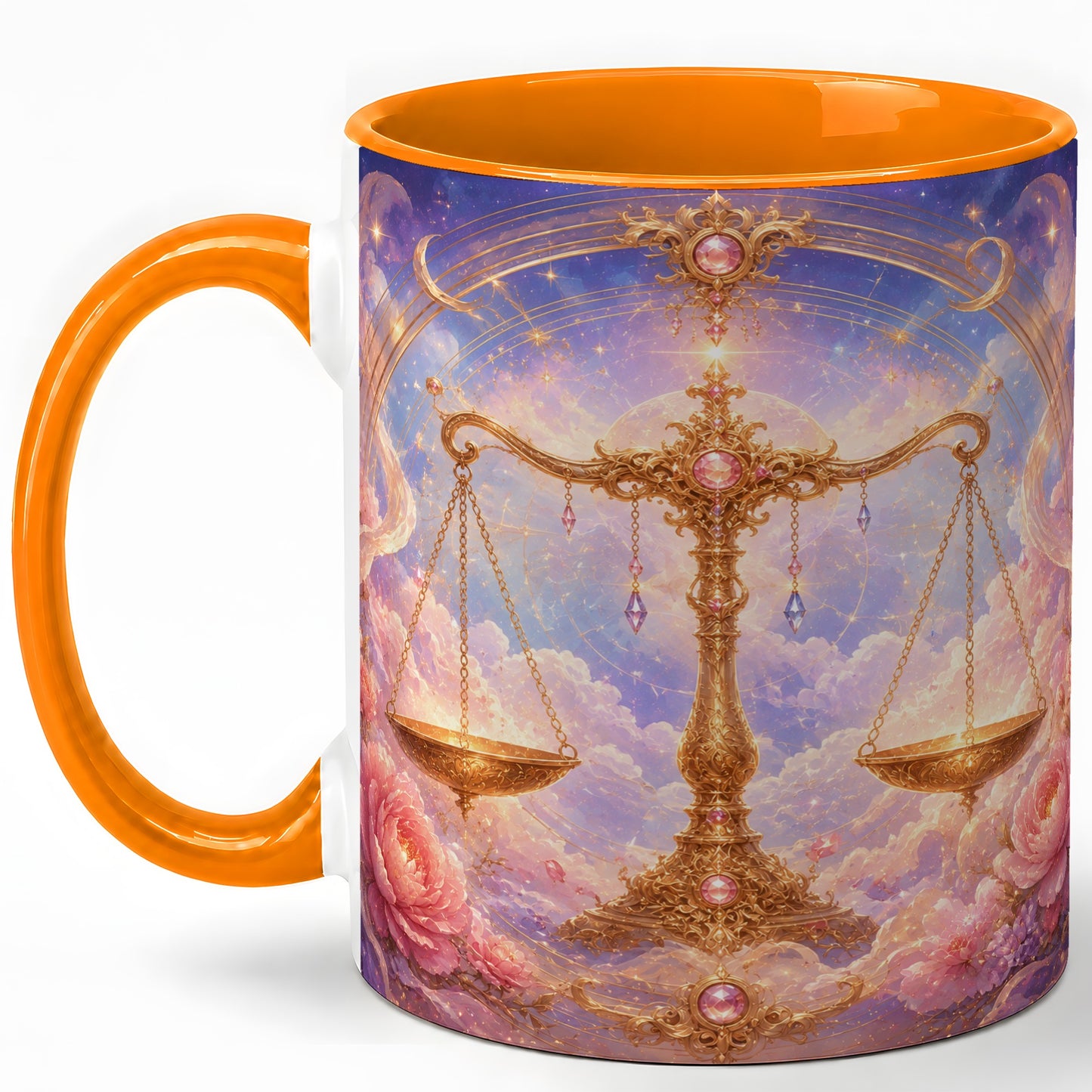 #pl[11oz|Orange] Libra Zodiac Ceramic Mug, Celestial Floral Balance Scales