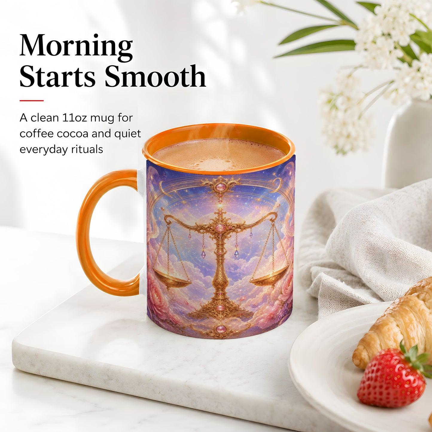 #pl[11oz|Orange] Libra Zodiac Ceramic Mug, Celestial Floral Balance Scales
