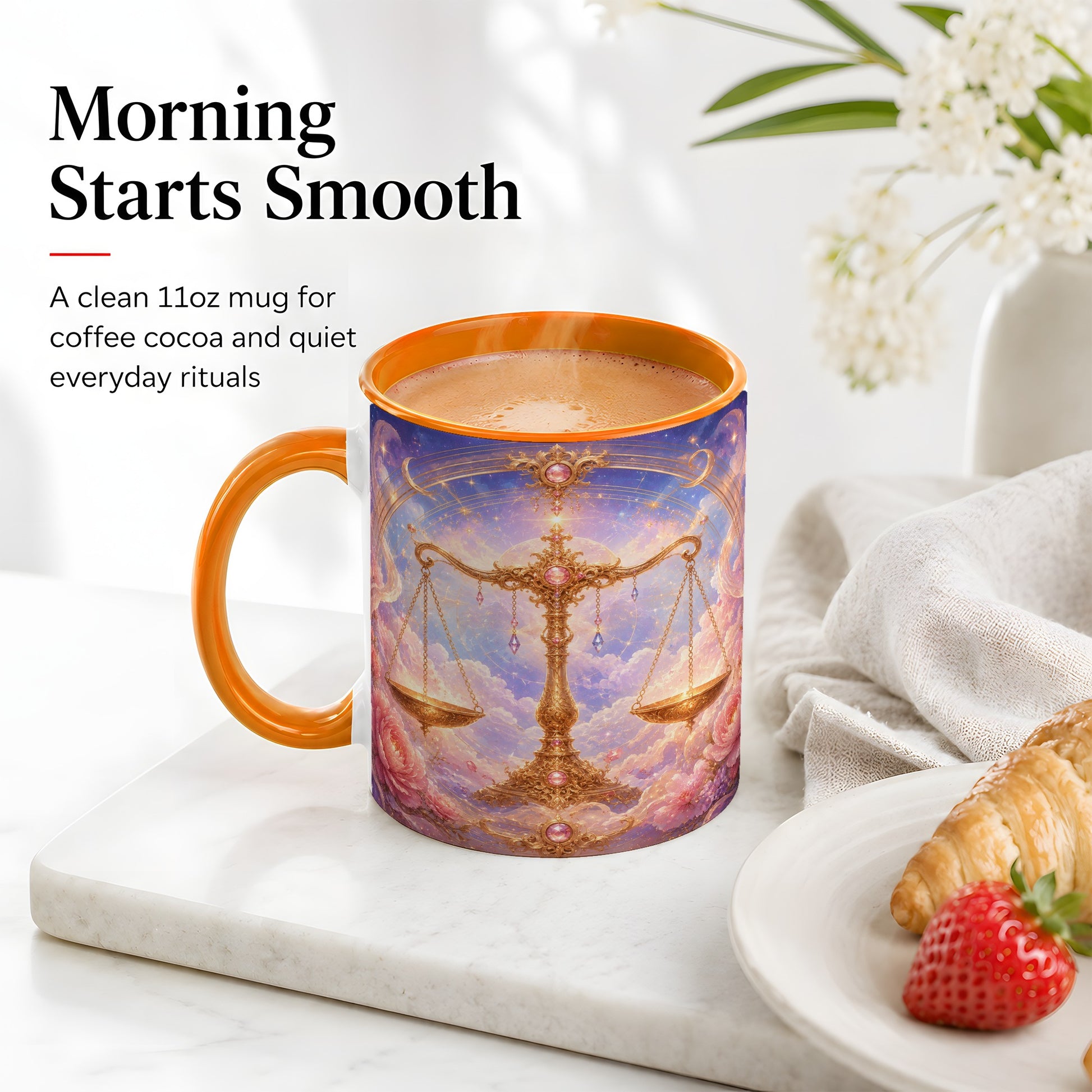 #pl[11oz|Orange] Libra Zodiac Ceramic Mug, Celestial Floral Balance Scales