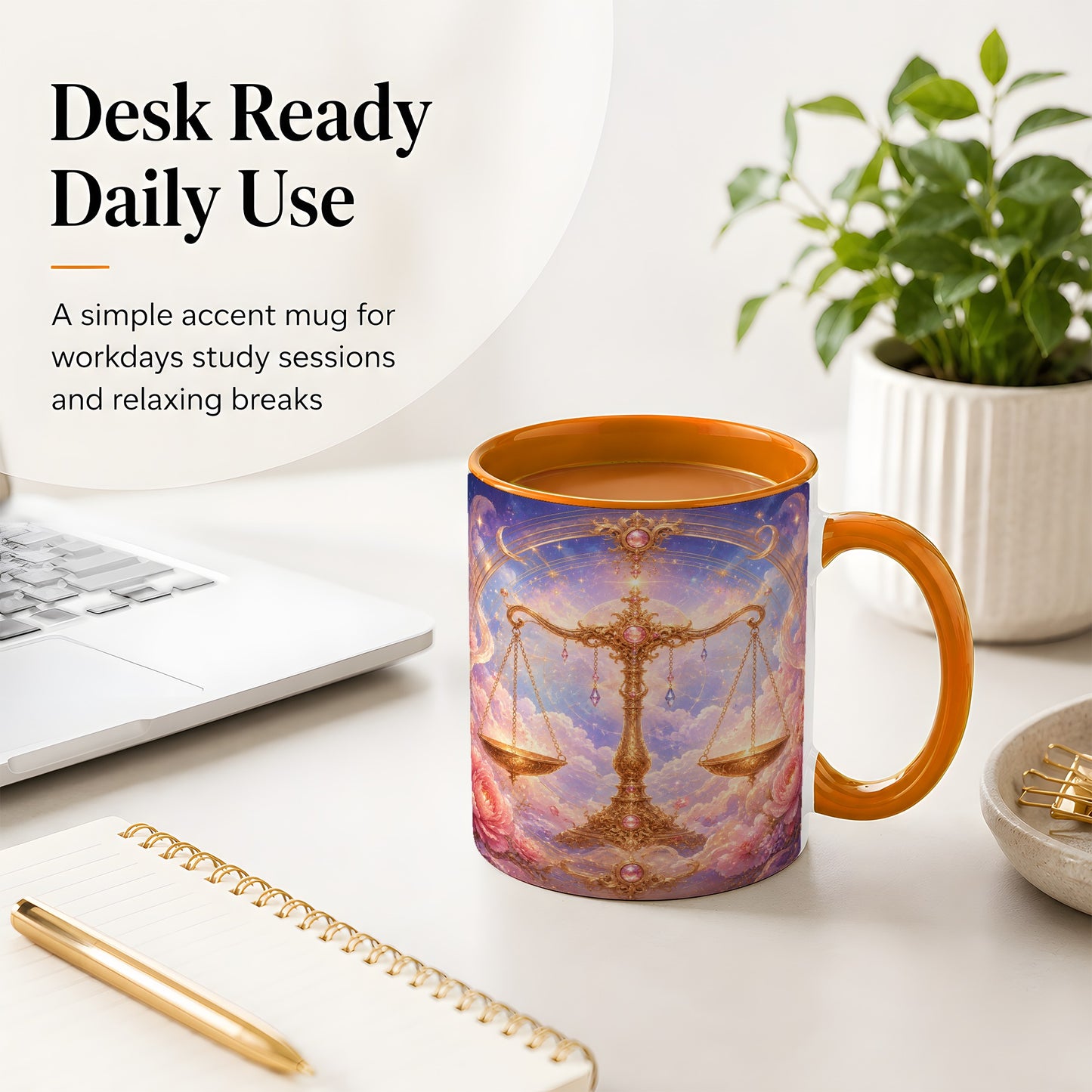 #pl[11oz|Orange] Libra Zodiac Ceramic Mug, Celestial Floral Balance Scales