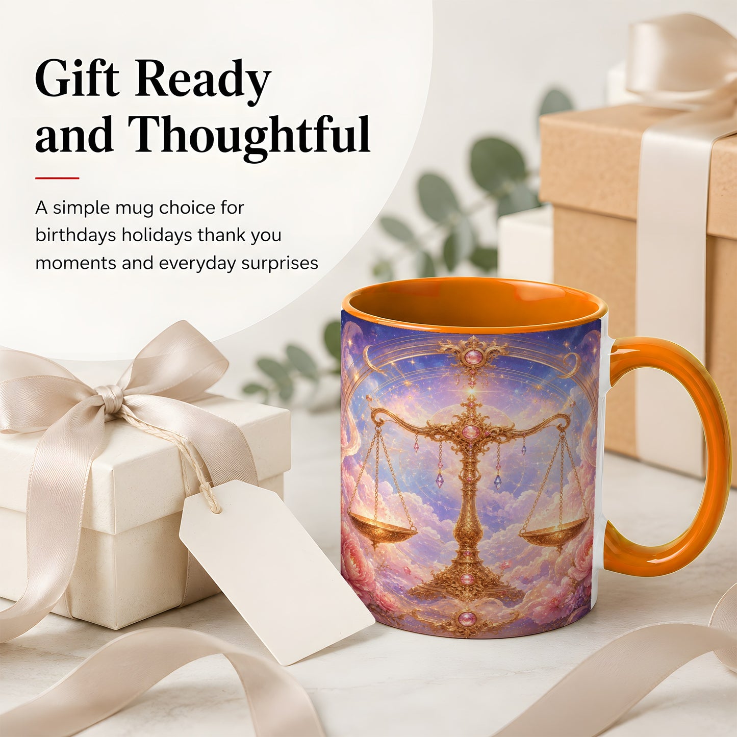 #pl[11oz|Orange] Libra Zodiac Ceramic Mug, Celestial Floral Balance Scales