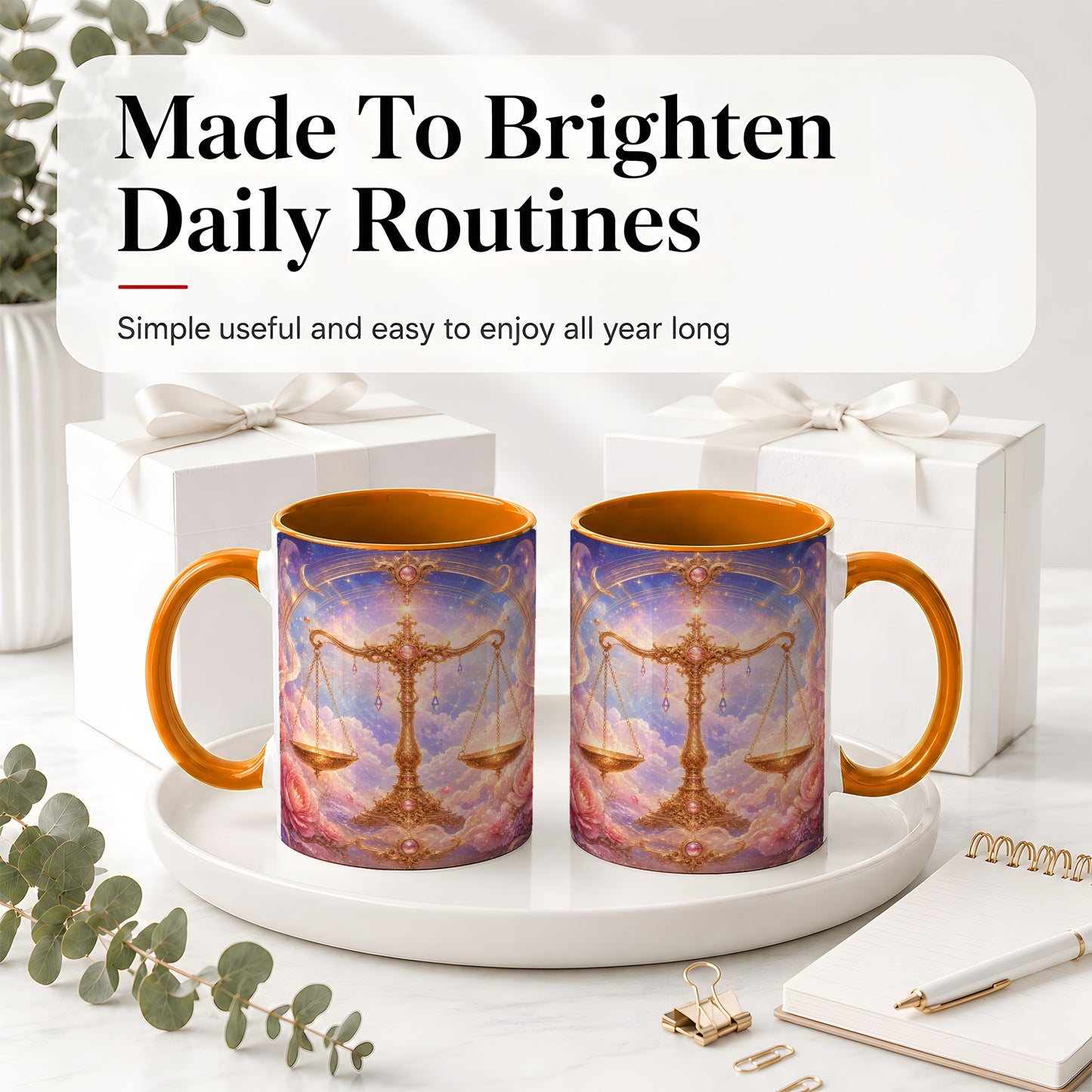 #pl[11oz|Orange] Libra Zodiac Ceramic Mug, Celestial Floral Balance Scales