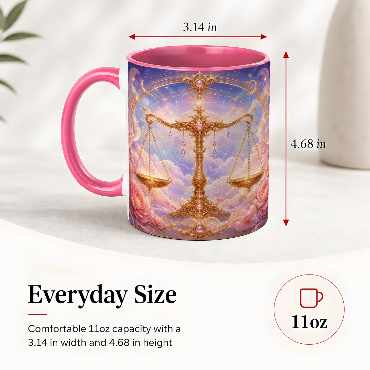 #pl[11oz|Pink] Libra Zodiac Ceramic Mug, Celestial Floral Balance Scales